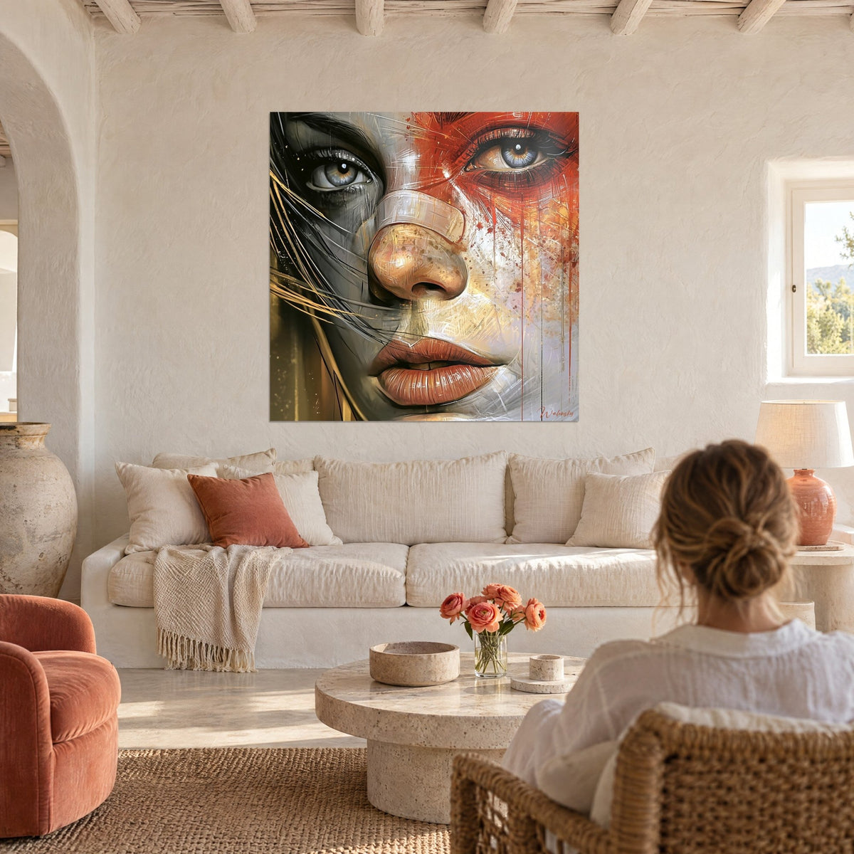Gemälde Porträt einer Frau mit graublauen Augen, flammend rotes Haar an der Wange, goldene Laufspuren, über einem Sofa in einem hellen Wohnzimmer