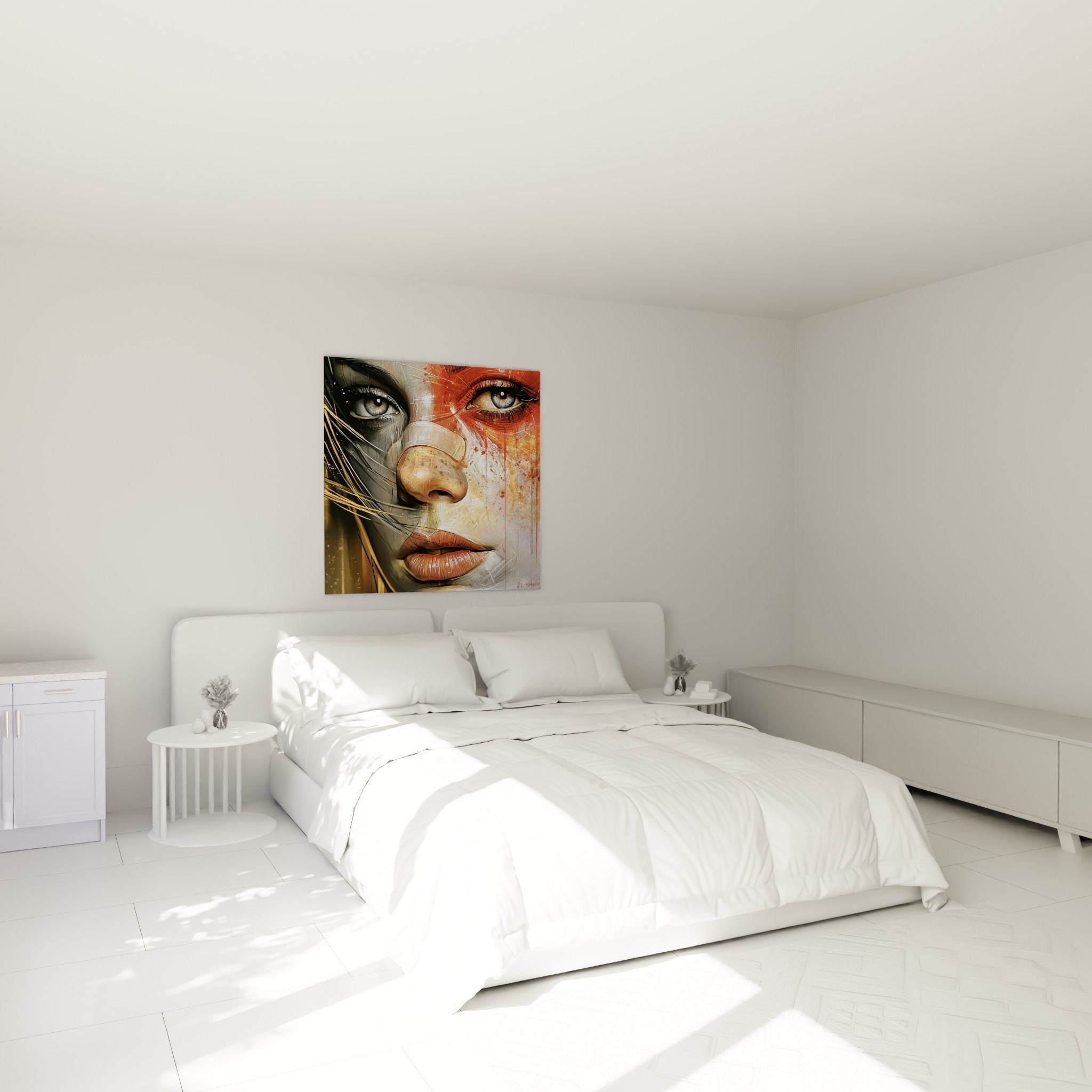 Portrait fauve et anthracite aux yeux bleus intenses, accroché au-dessus d'un lit dans une chambre claire