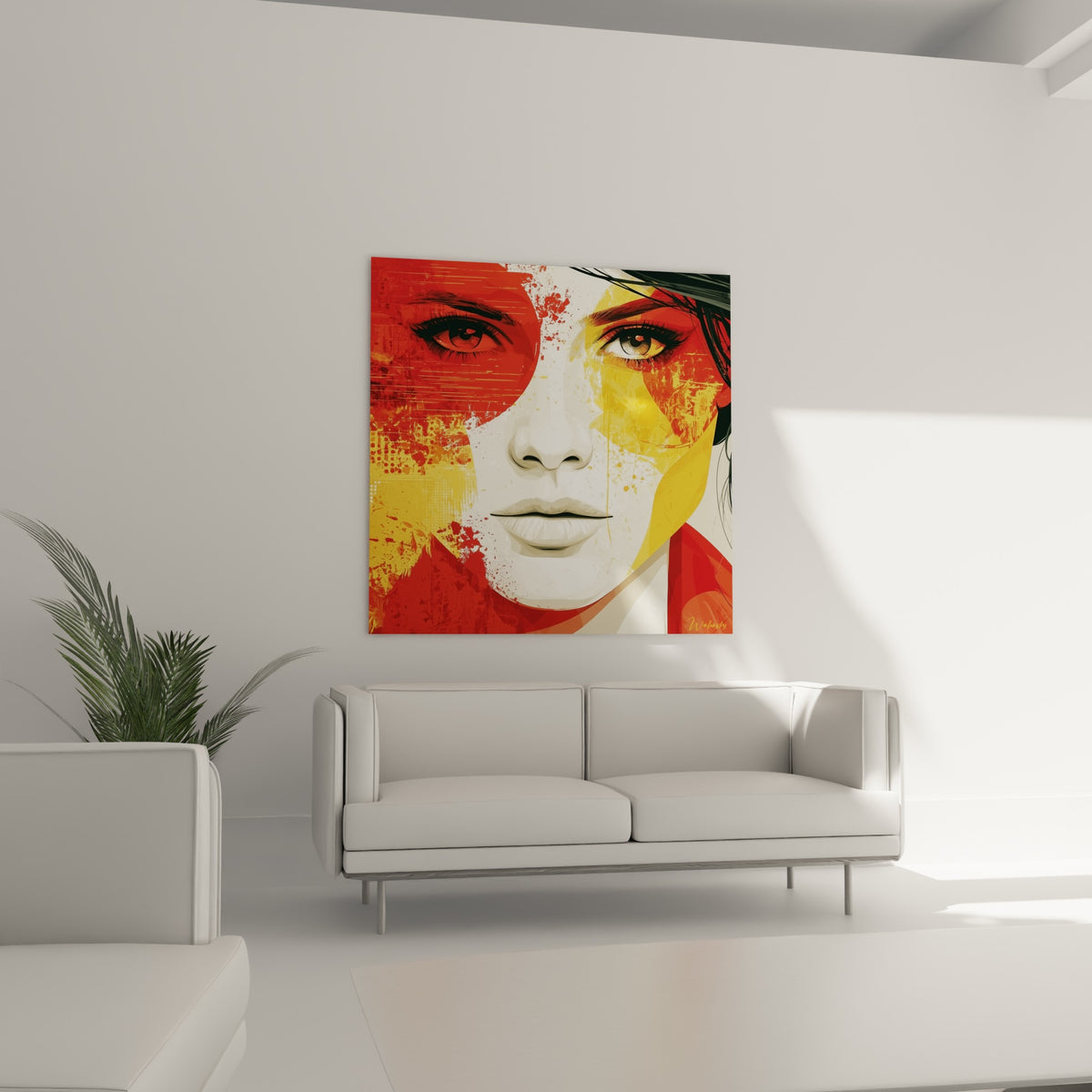 Regard perçant du visage abstrait ocre et fauve, disposé au-dessus d'un canapé dans un salon lumineux