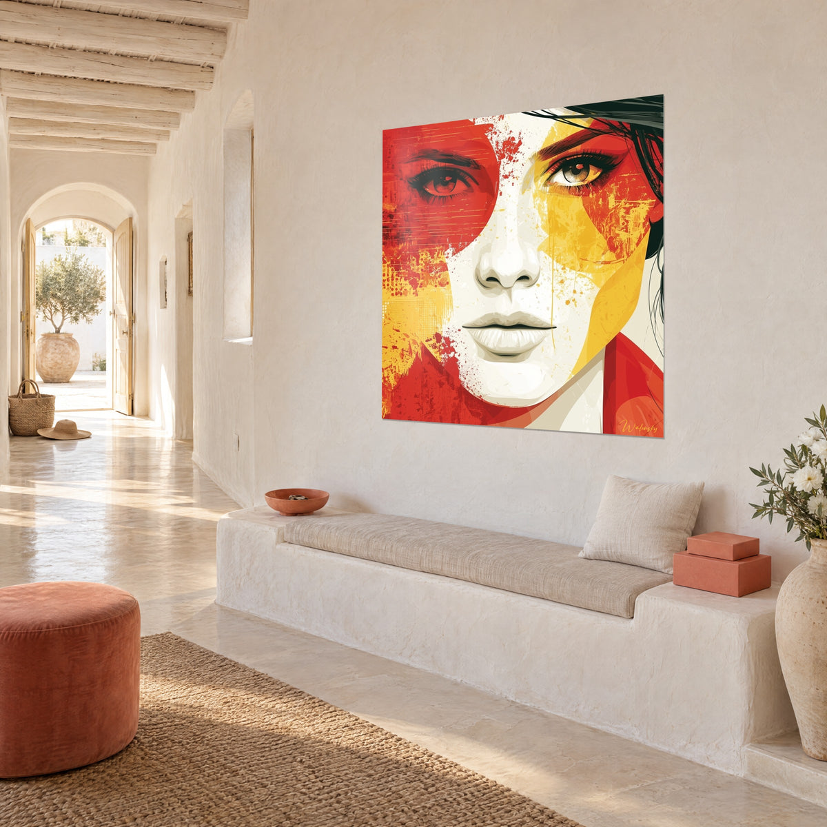 Schilderij vrouwengezicht besprenkeld met rood en geel, bleke huid, driekwart aanzicht in een lichte gang