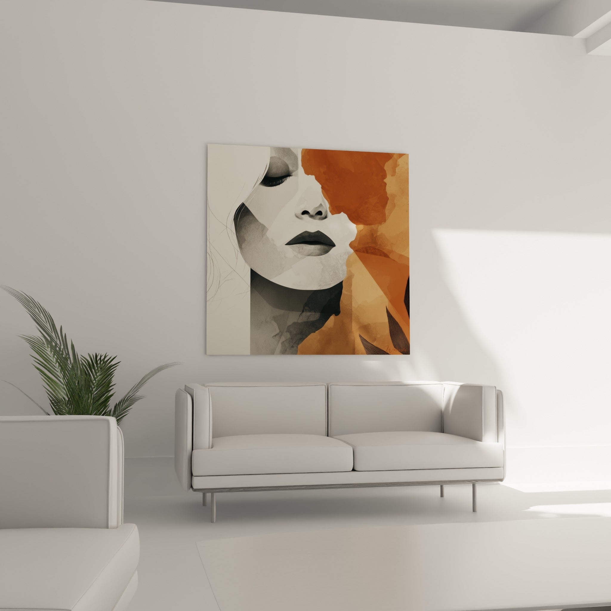Figure gris et ocre aux paupières closes, visage abstrait au-dessus d'un canapé dans un salon lumineux