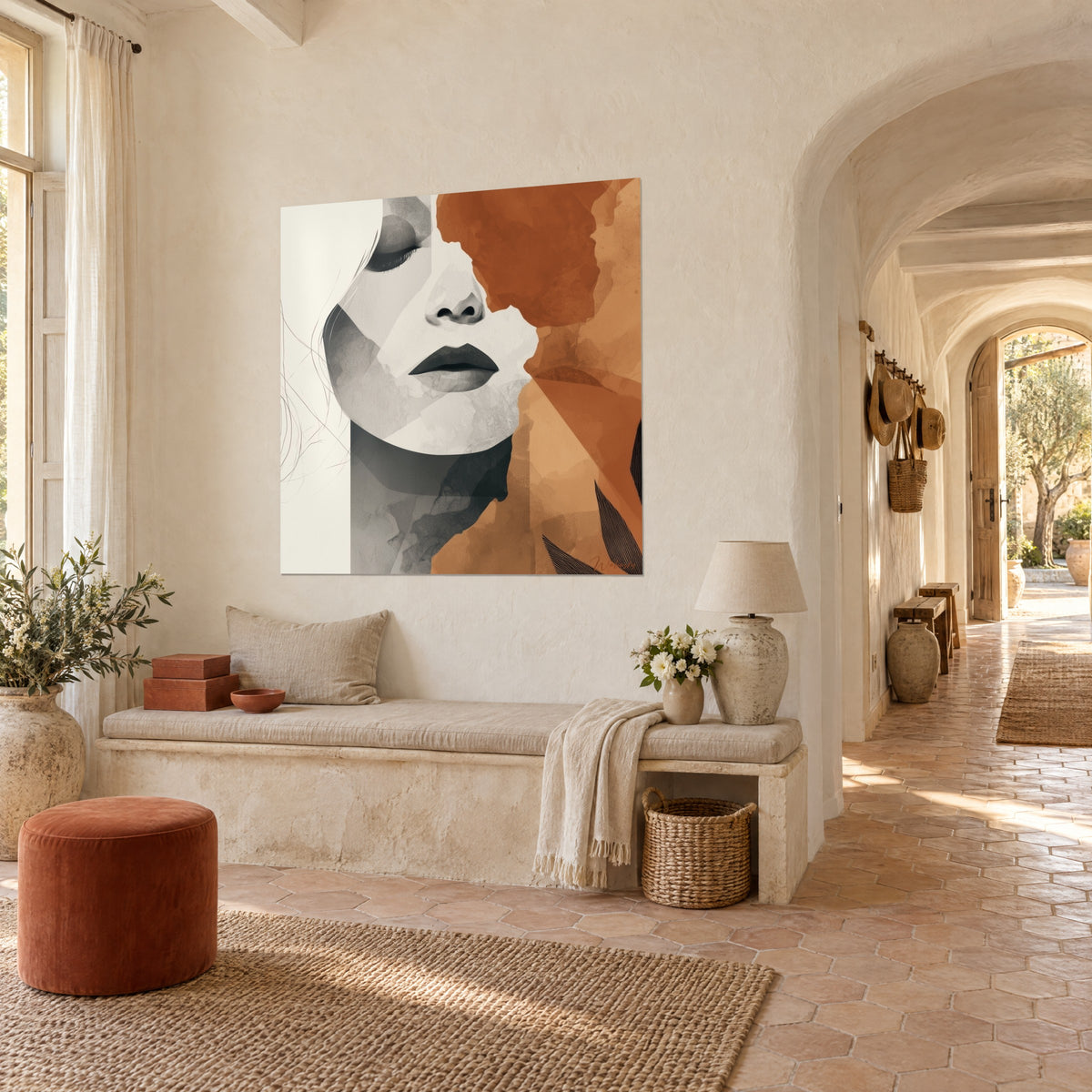 Quadro volto di donna stilizzato, ciocca color crema, naso e labbra grigio antracite, tocchi ocra, in un corridoio a volta di un casolare provenzale