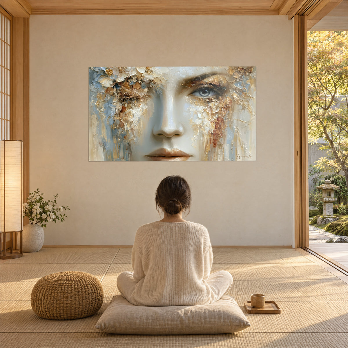 Quadro maschera floreale dipinta a rilievi d'avorio e oro, sguardo azzurro ghiaccio, donna di spalle seduta a gambe incrociate in un soggiorno aperto sul giardino