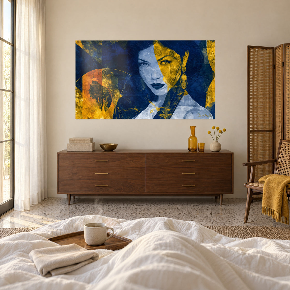 Schilderij muze met amberkleurige ogen, inktzwart haar en oranje accenten, mosterdgele plaid, boven een bed in een lichte slaapkamer