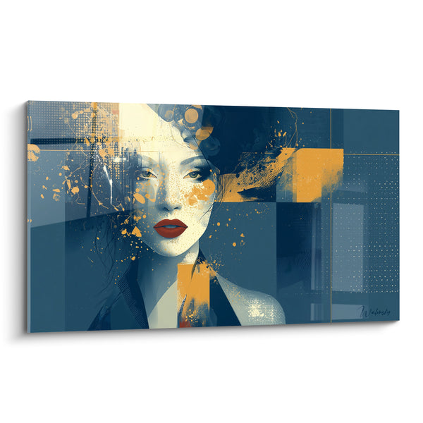 Tableau Portrait féminin bleu marine et ocre éclaboussé - Fragments de féminité - Edition Visage abstrait