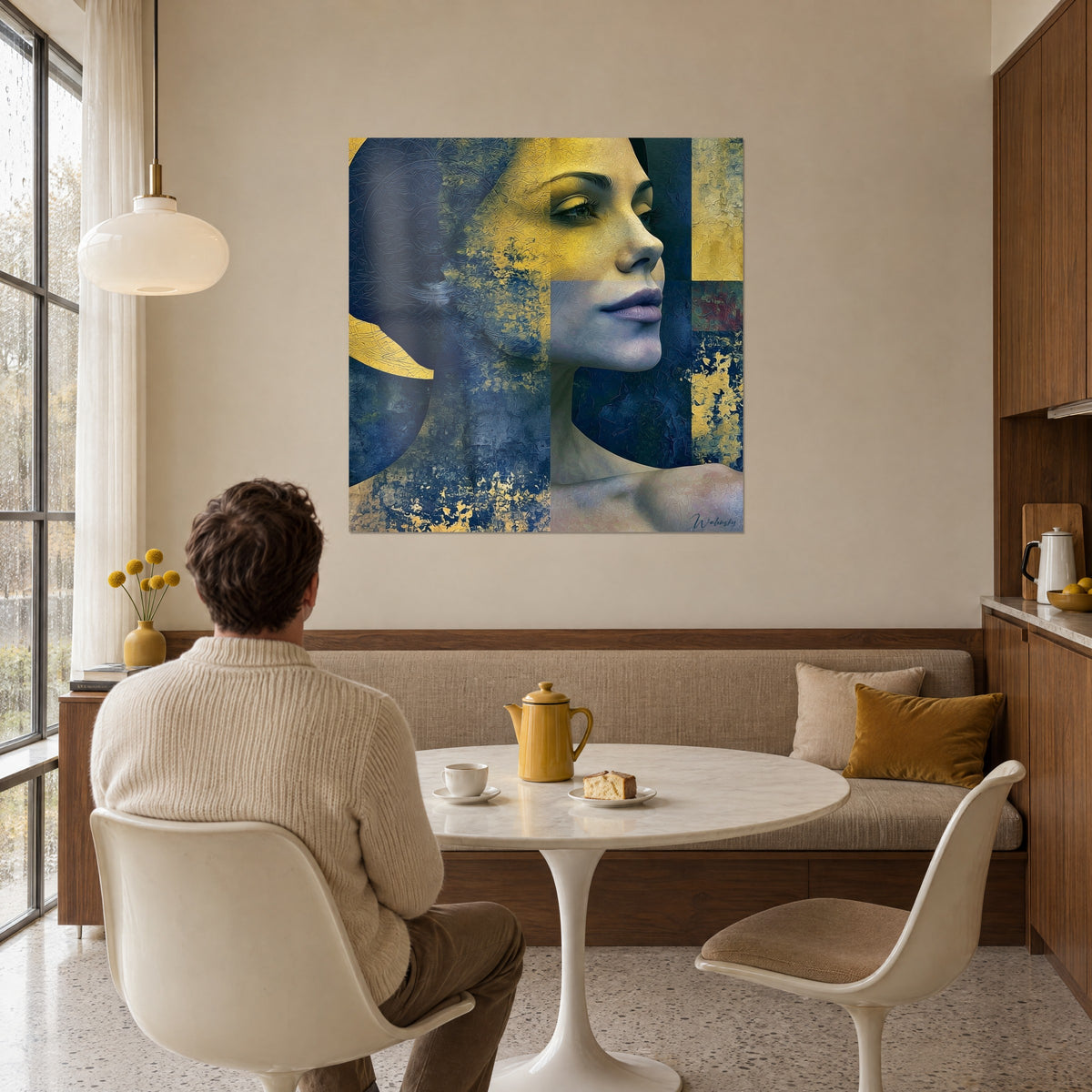 Tableau figure féminine pensive, joue ocre et cou bleu ardoise, face à une personne attablée devant une tasse dans un salon boisé