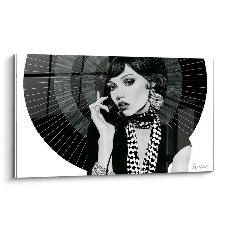 Tableau Femme noir et blanc au foulard imprimé - Élégance figée - Edition Visage abstrait