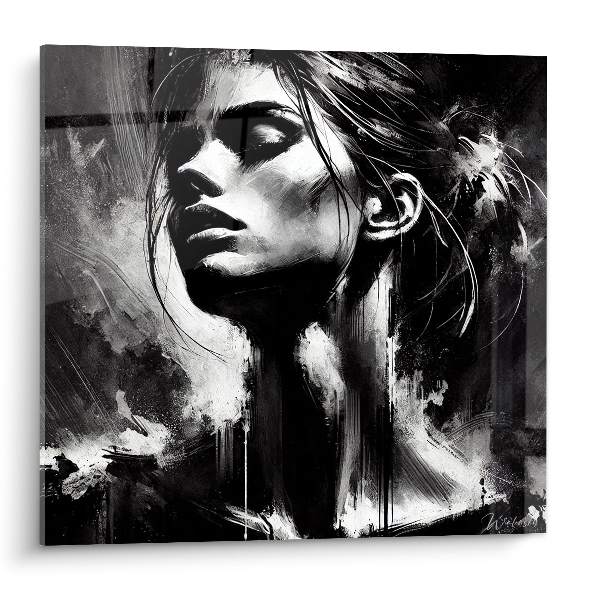 Visage abstrait de femme aux yeux clos, contrastes anthracite et ivoire, traitement pictural gestuel