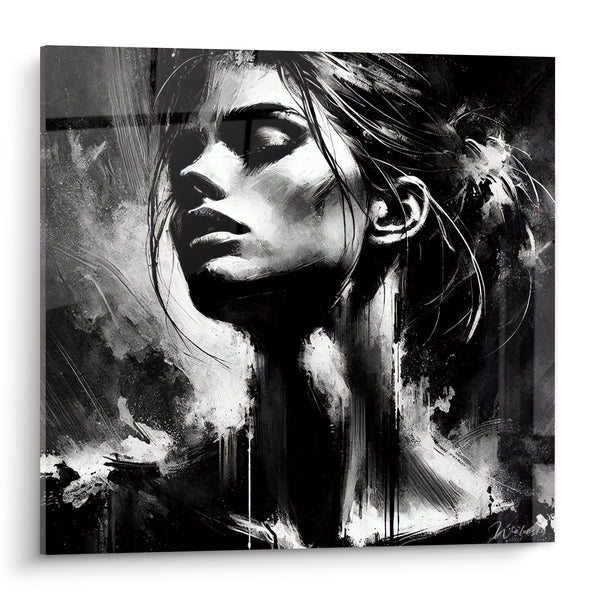 Cuadro Retrato de Mujer Blanco y Negro Ojos Cerrados - Momento de Ensueño - Edición Rostro Abstracto
