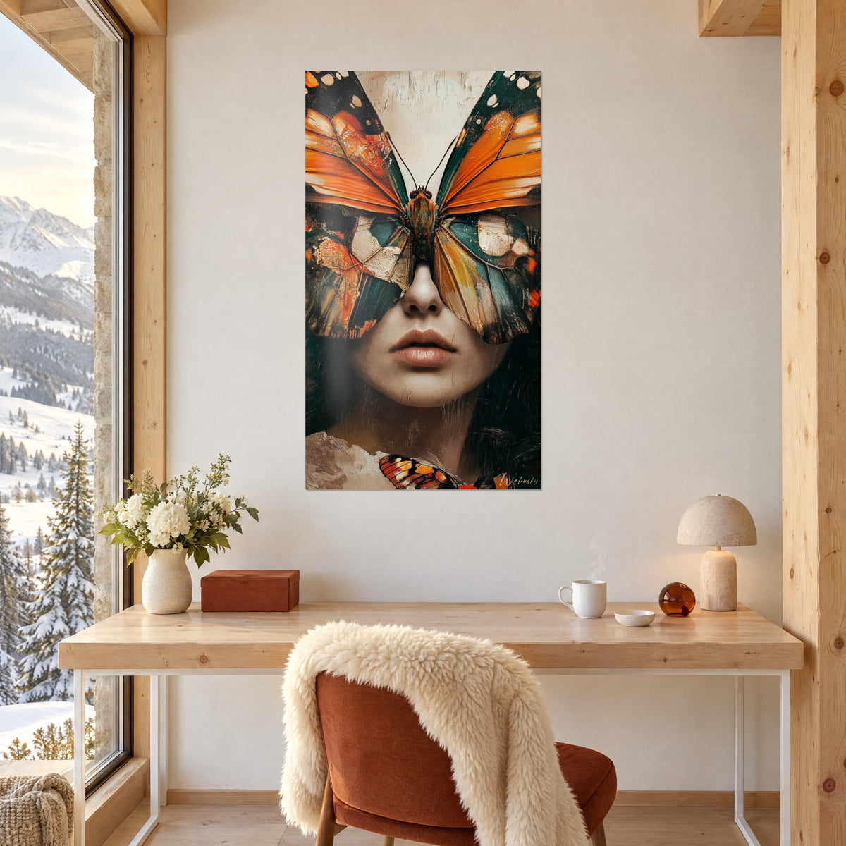 Gemälde riesiger Schmetterling mit goldenen Adern, der einen Blick verdeckt, weiße Wand oberhalb eines Schreibtischs aus hellem Holz nahe einem Fenster