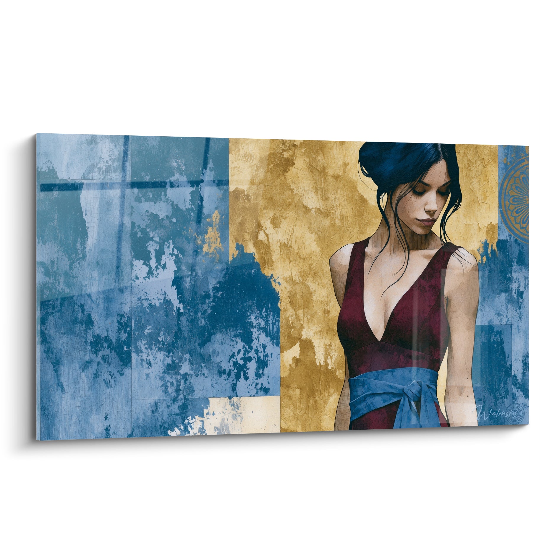 Femme au regard baissé en robe bordeaux, fond bleu marine et doré patiné, style graphique