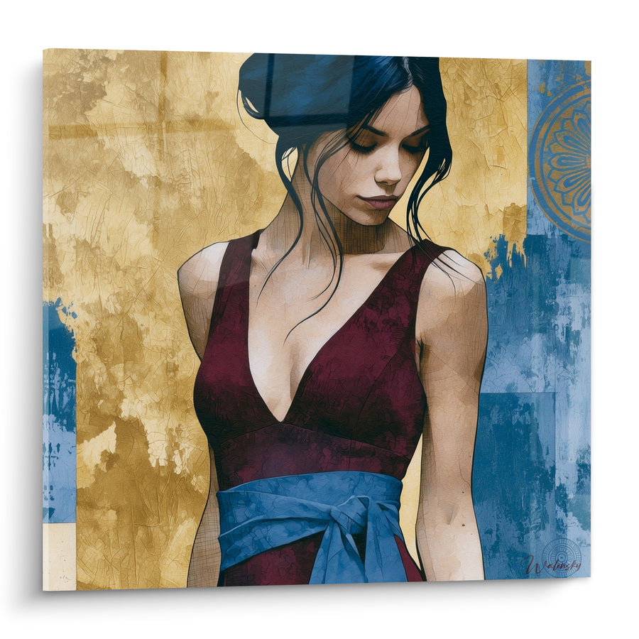 Tableau Femme brune en robe bordeaux et bleue - Instant de retenue - Edition Visage abstrait