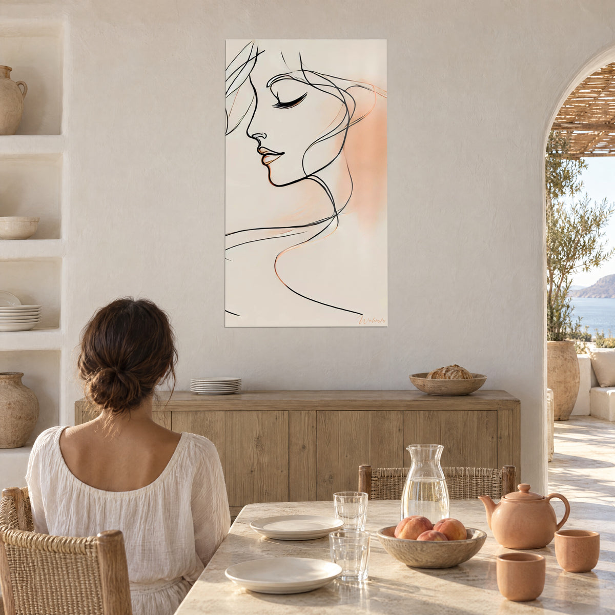 Πίνακας σκίτσο ήρεμου προσώπου, μαλλιά με μαύρες καμπύλες σε μπεζ φόντο, πορτοκαλί σύννεφο, θολωτή τραπεζαρία κοντά στη θάλασσα