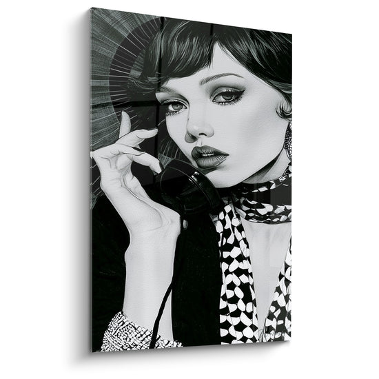 Tableau Femme noir et blanc au foulard imprimé - Rayons en éventail - Edition Visage abstrait
