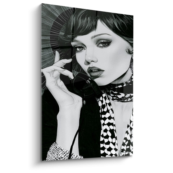 Tableau Femme noir et blanc au foulard imprimé - Rayons en éventail - Edition Visage abstrait