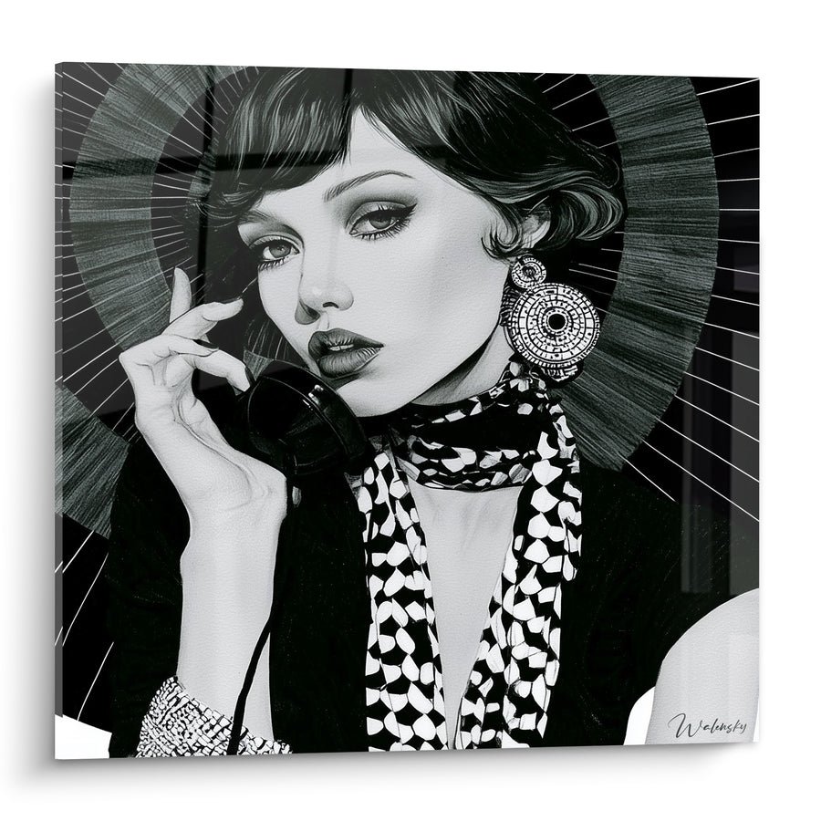 Tableau Femme noir et blanc au téléphone rétro - Appel confidentiel - Edition Visage abstrait