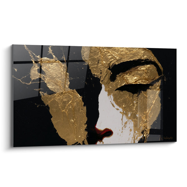 Tableau Visage doré aux éclats noirs et rouges - Éclat silencieux - Edition Visage abstrait