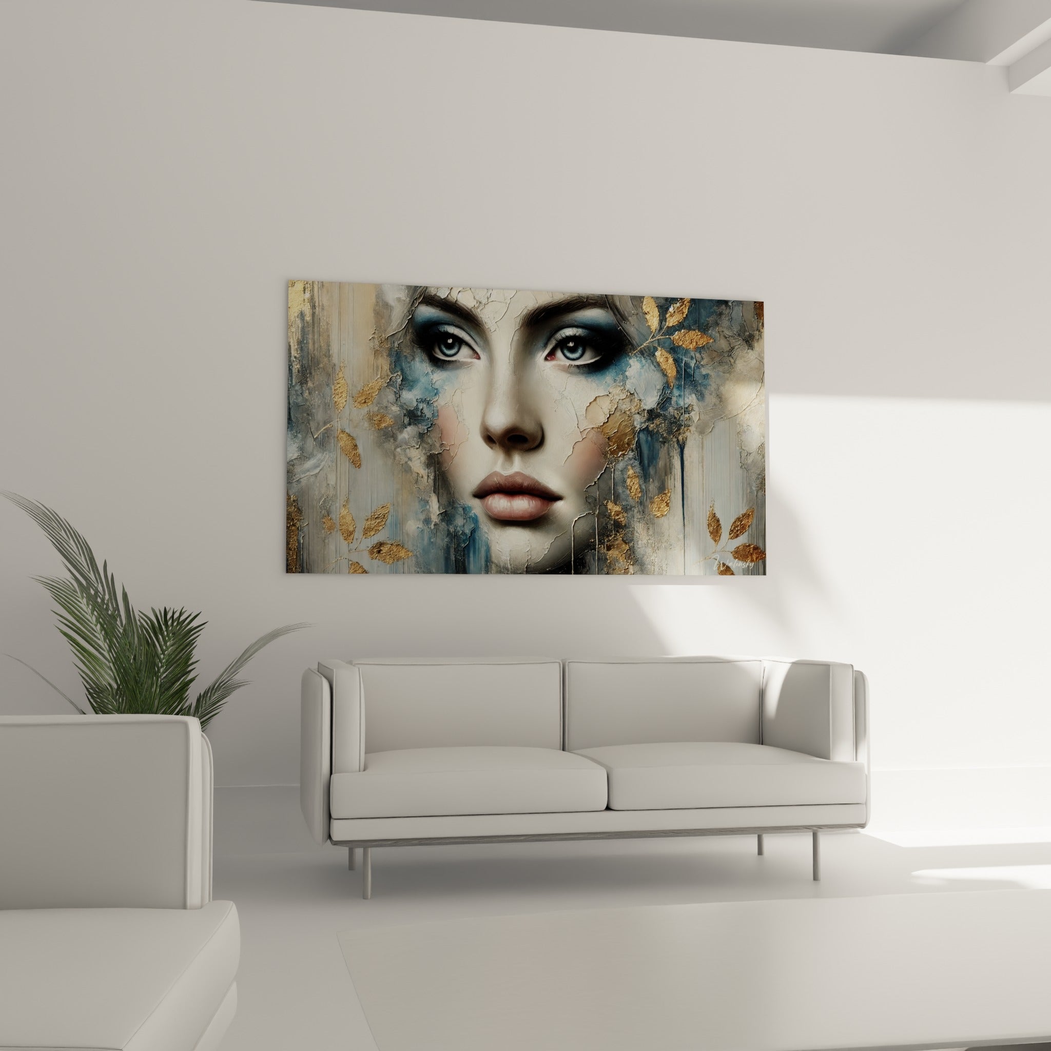 Portrait craquelé aux tons blancs et dorés, visage abstrait accroché au-dessus d'un canapé dans un salon lumineux