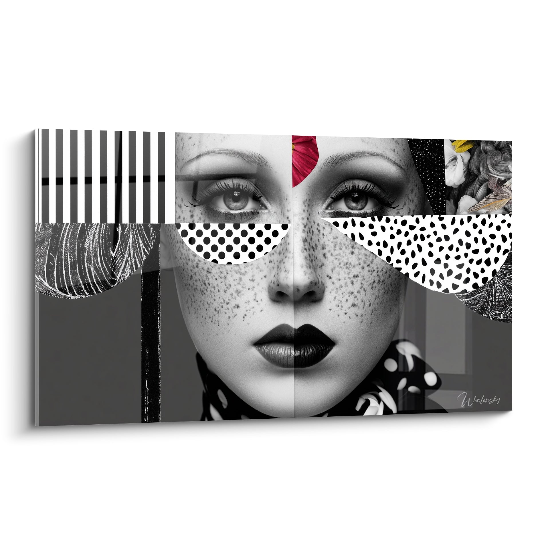 Visage abstrait noir et blanc à fleur rouge, pois et rayures anthracite en collage graphique