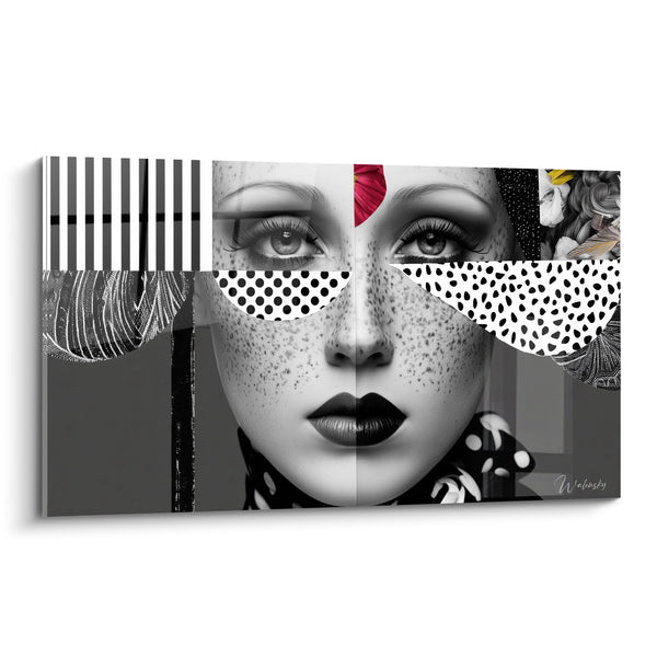 Tableau Visage noir et blanc à la fleur rouge - Bandeaux à pois - Edition Visage abstrait