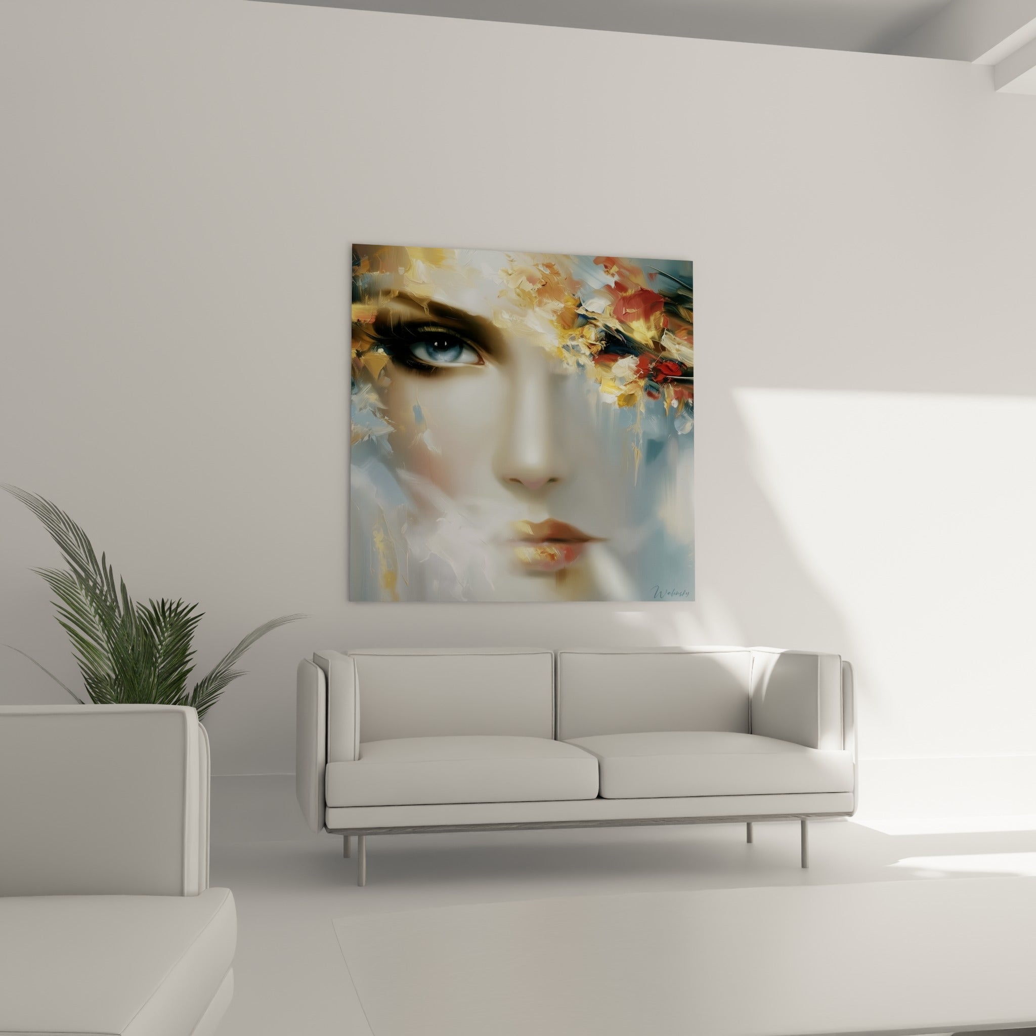 Visage abstrait aux tons bleus et rouges, lèvres roses discrètes, au-dessus d'un canapé dans un salon lumineux