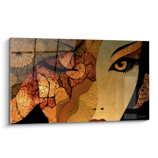 Tableau Visage mi-fleuri aux teintes ambrées et anthracite - Éveil floral - Edition Visage abstrait