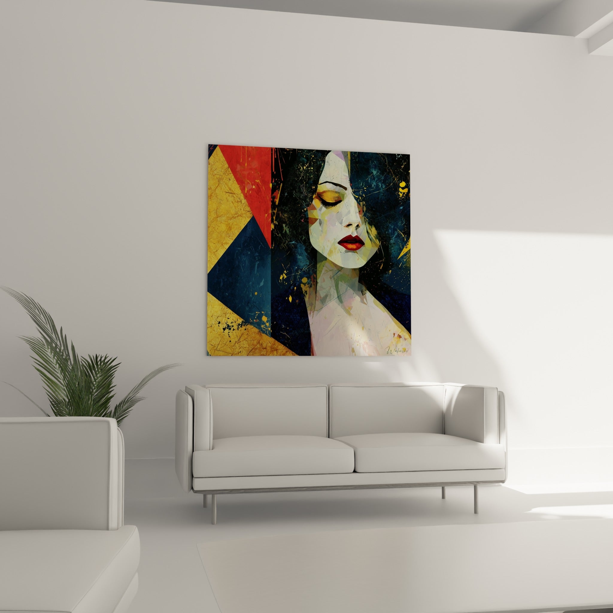 Silhouette au visage géométrique doré et bleu marine du Visage abstrait au-dessus d'un canapé dans un salon lumineux