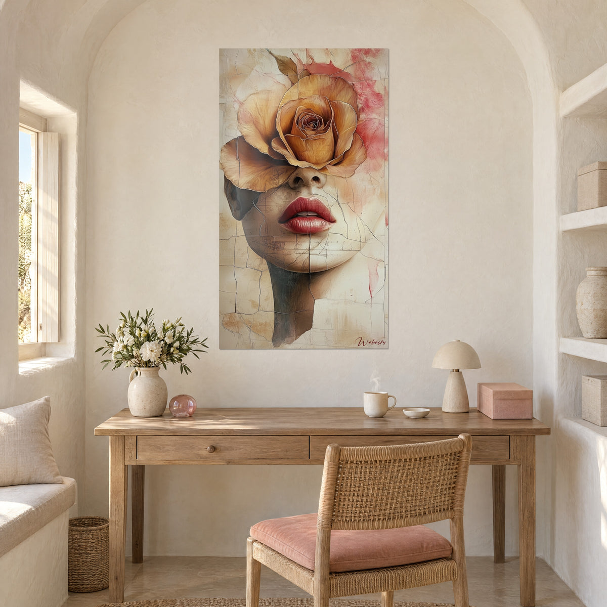 Cuadro perfil de mujer con una corona de flores ocre sobre los ojos, boca carmín, salpicaduras rosas, pared crema de un despacho de madera clara