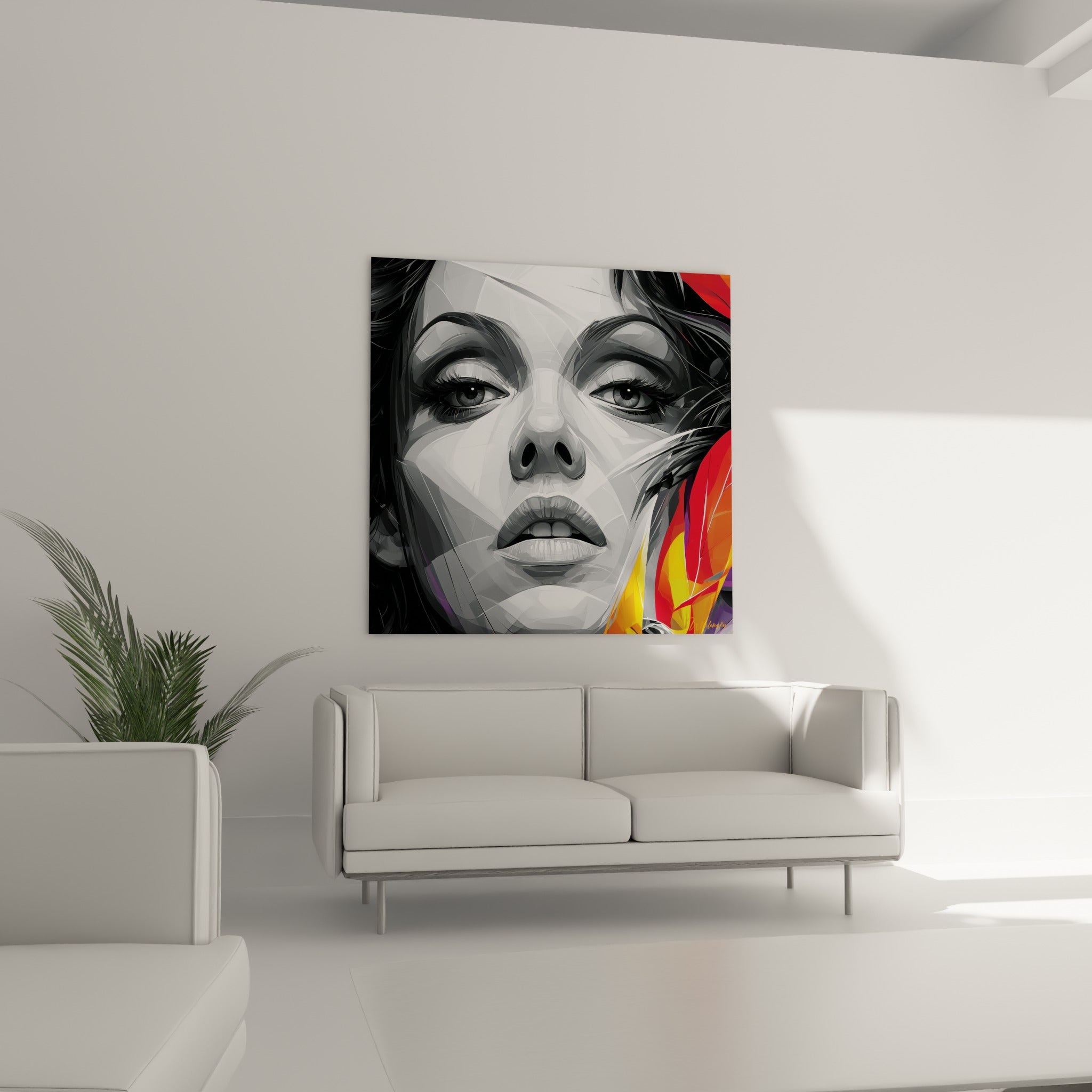 Visage géométrique anthracite et blanc marqué par une explosion rouge et jaune, au-dessus d'un canapé dans un salon lumineux