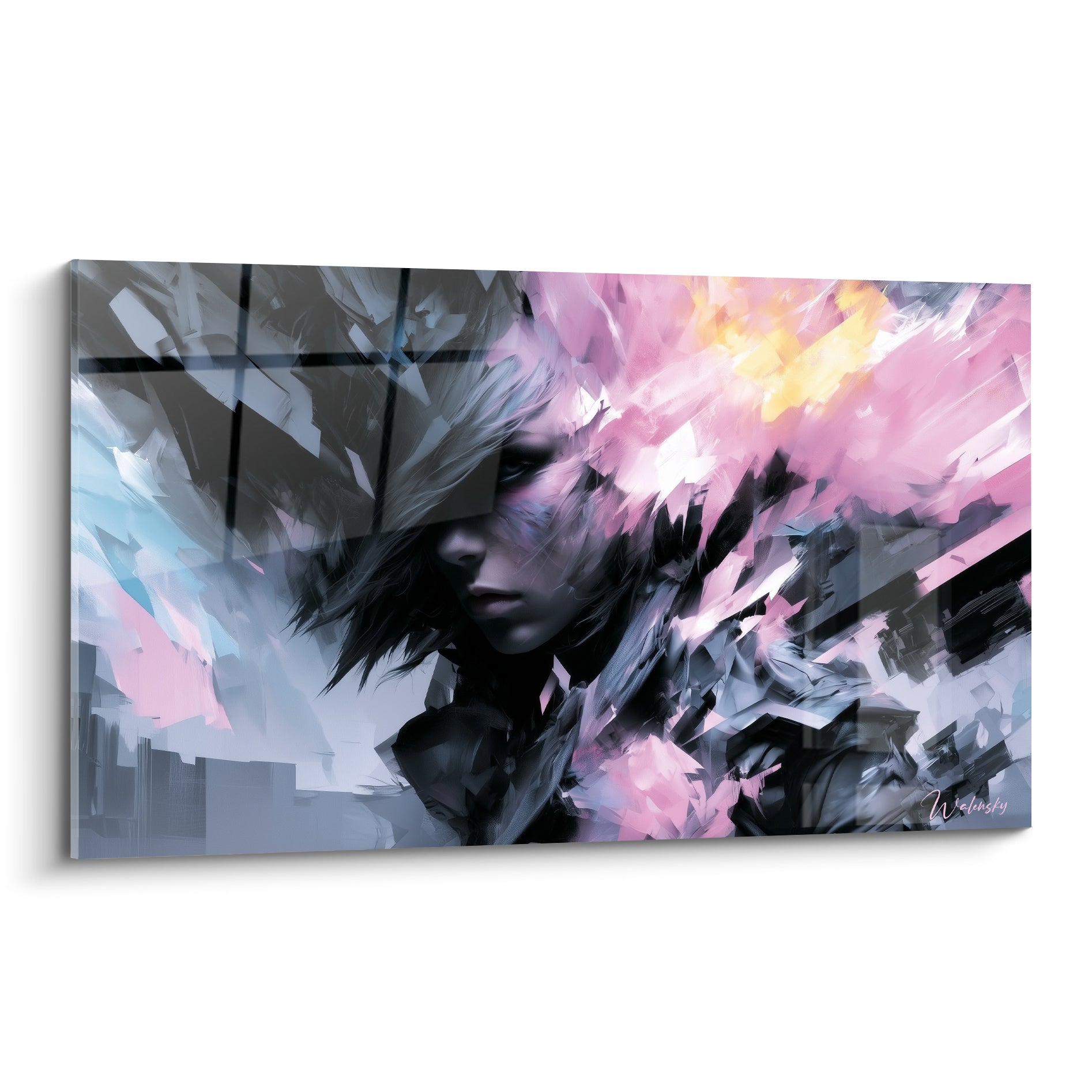 Visage abstrait fragmenté aux tons rose poudré, gris anthracite et touche dorée, profil tourné