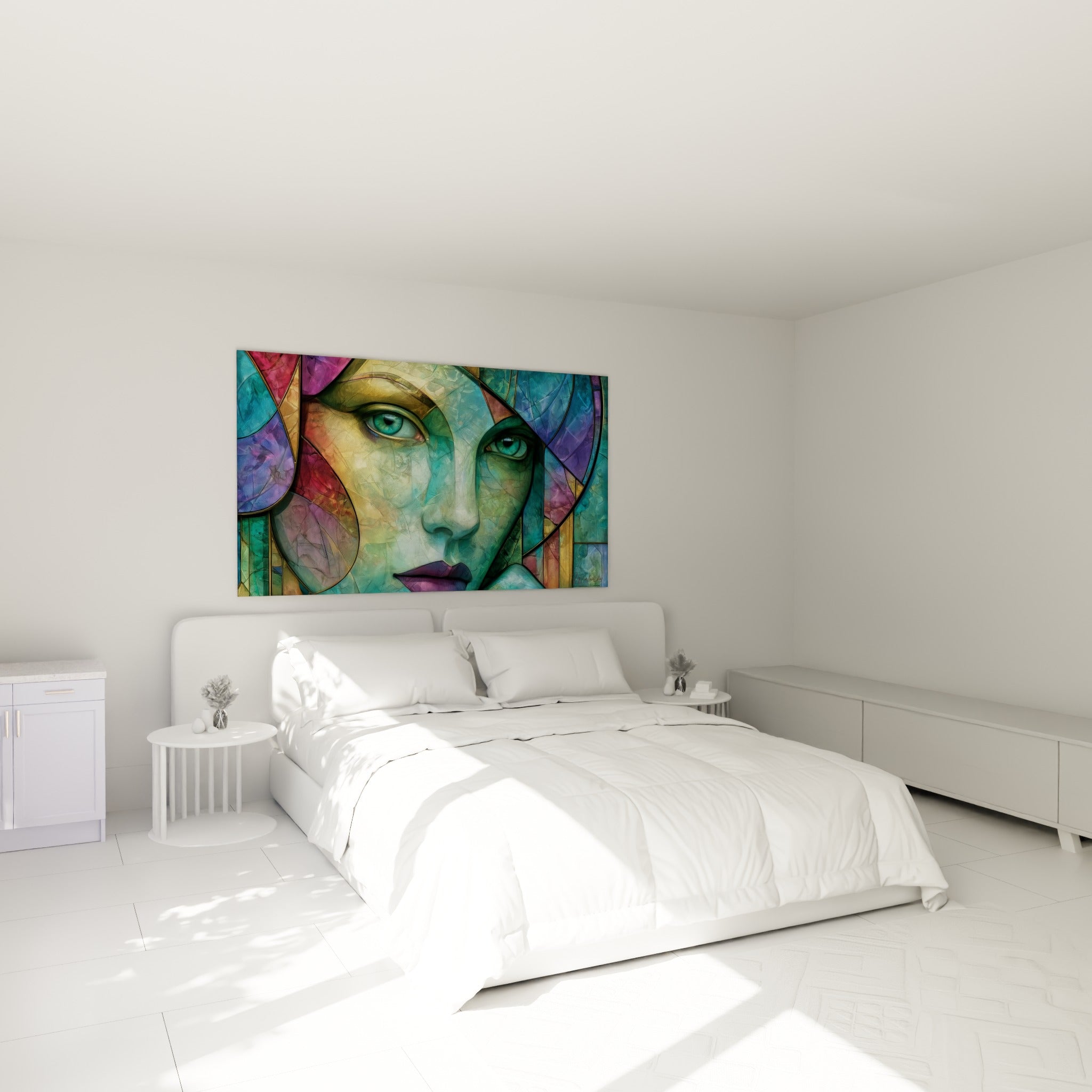 Portrait fragmenté vert et doré du Visage abstrait, accroché au-dessus d'un lit dans une chambre claire