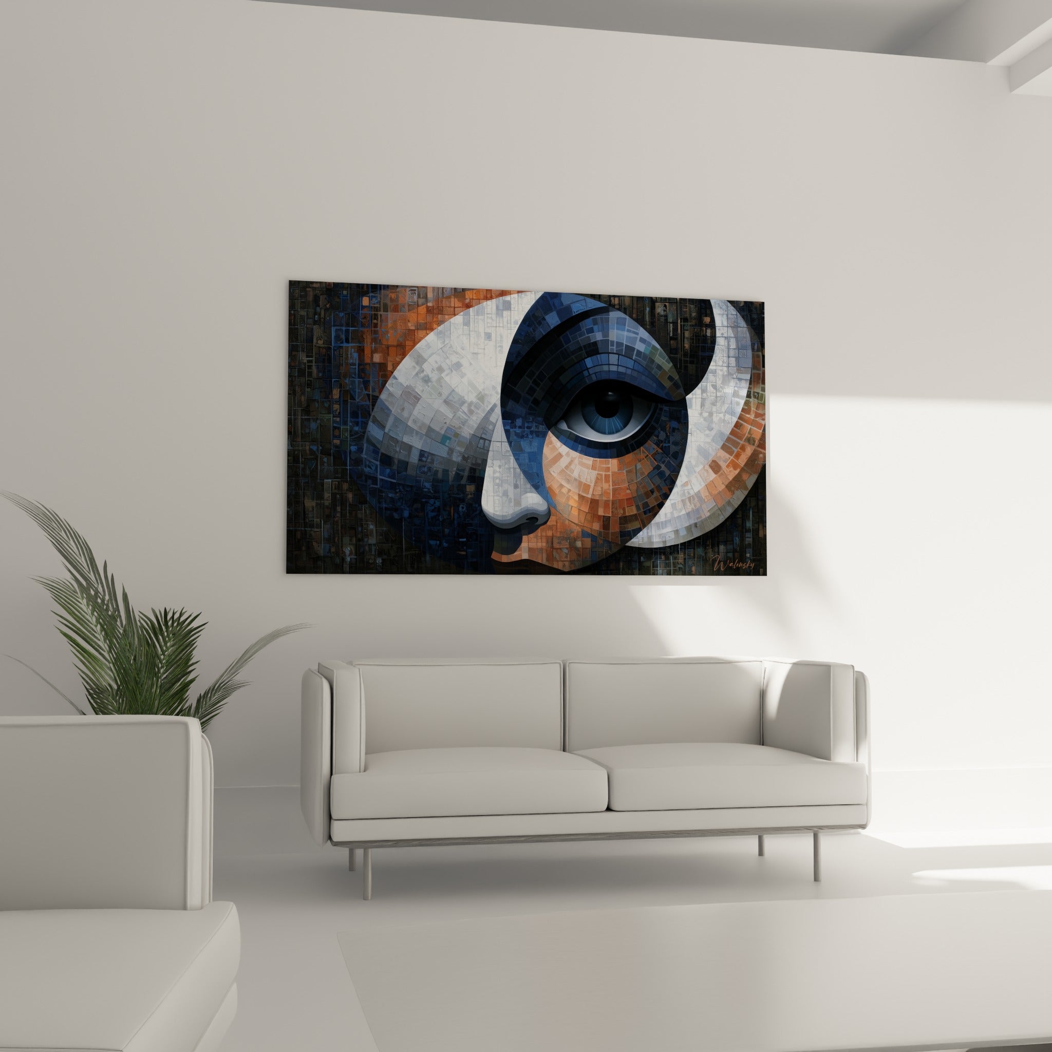 Œil mosaïque anthracite et orangé du Visage abstrait, au-dessus d'un canapé dans un salon lumineux