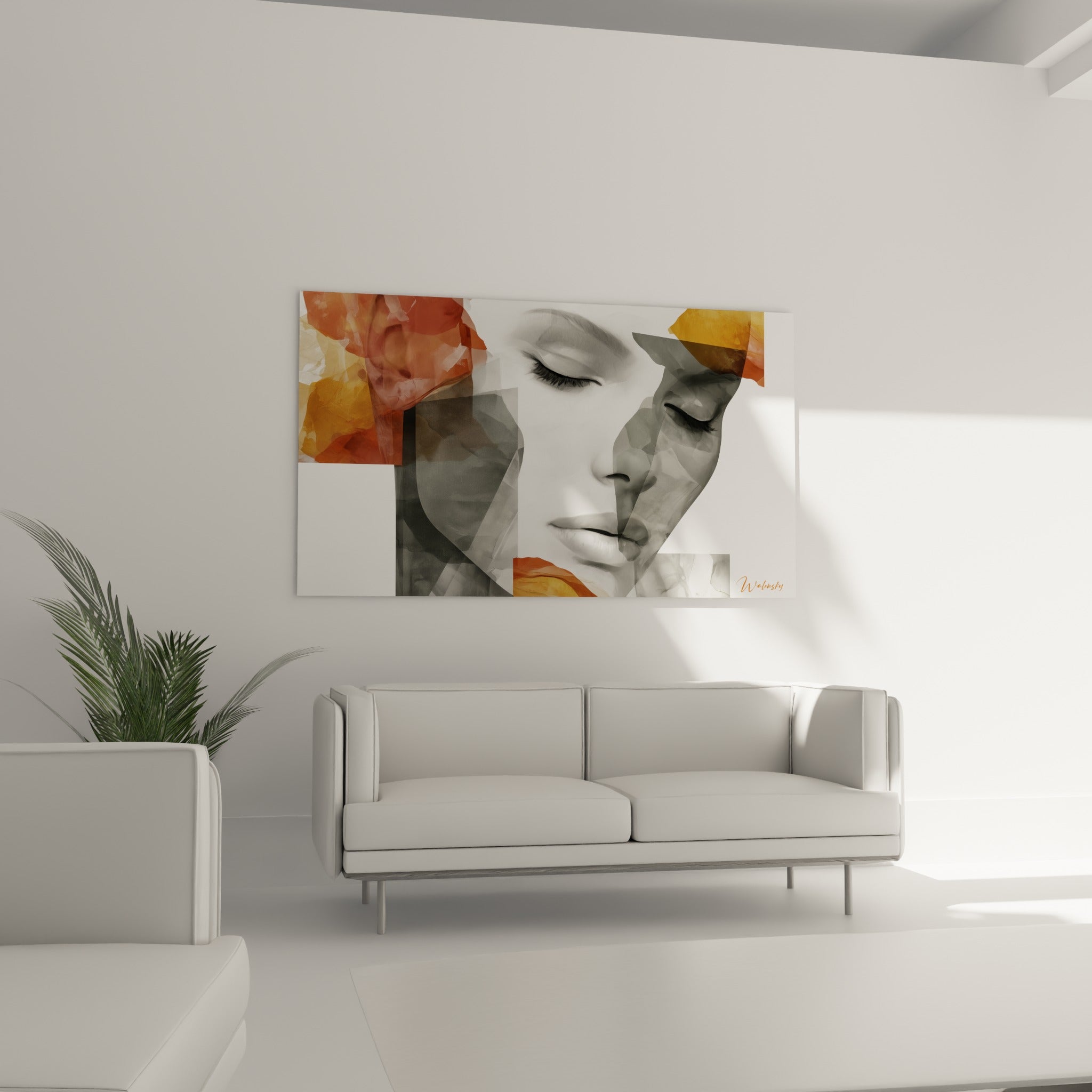 Traits sereins en gris et terracotta, visage abstrait aux yeux fermés, au-dessus d'un canapé dans un salon lumineux