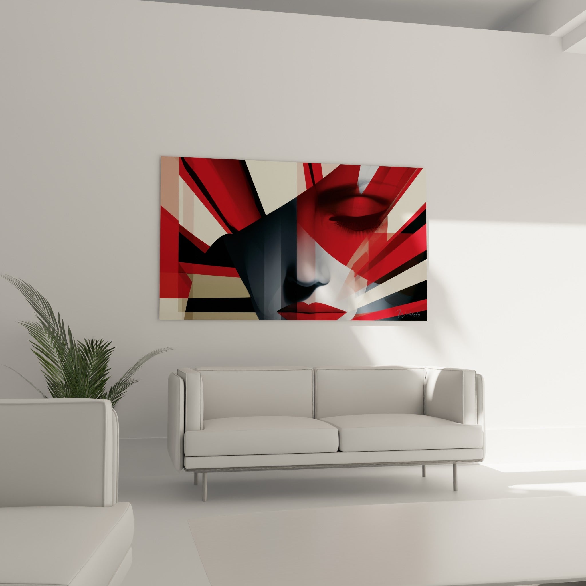 Lignes rouges et beige traversant un visage abstrait, accroché au-dessus d'un canapé dans un salon lumineux