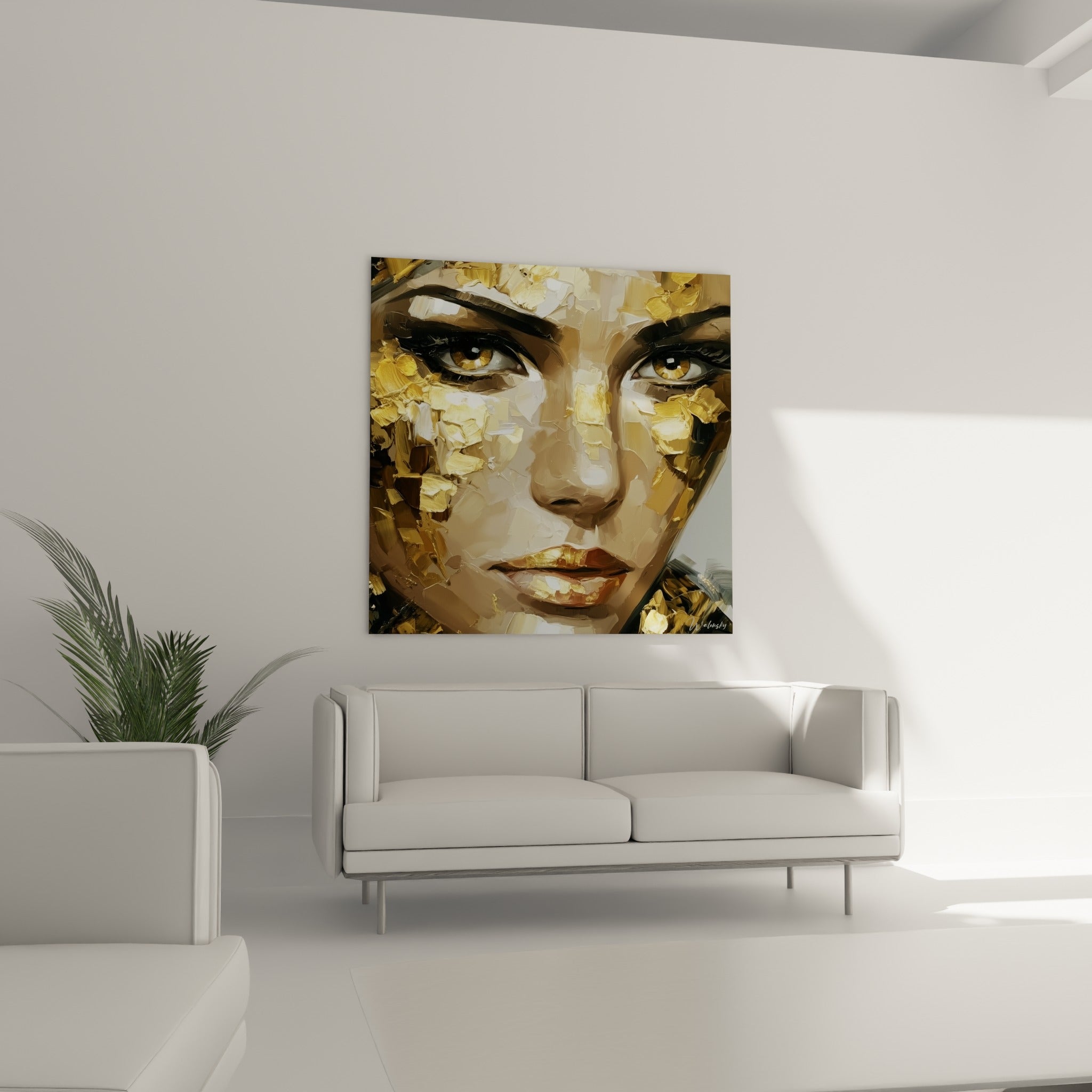 Femme au visage fragmenté d'or et de beige suspendue au-dessus d'un canapé dans un salon lumineux