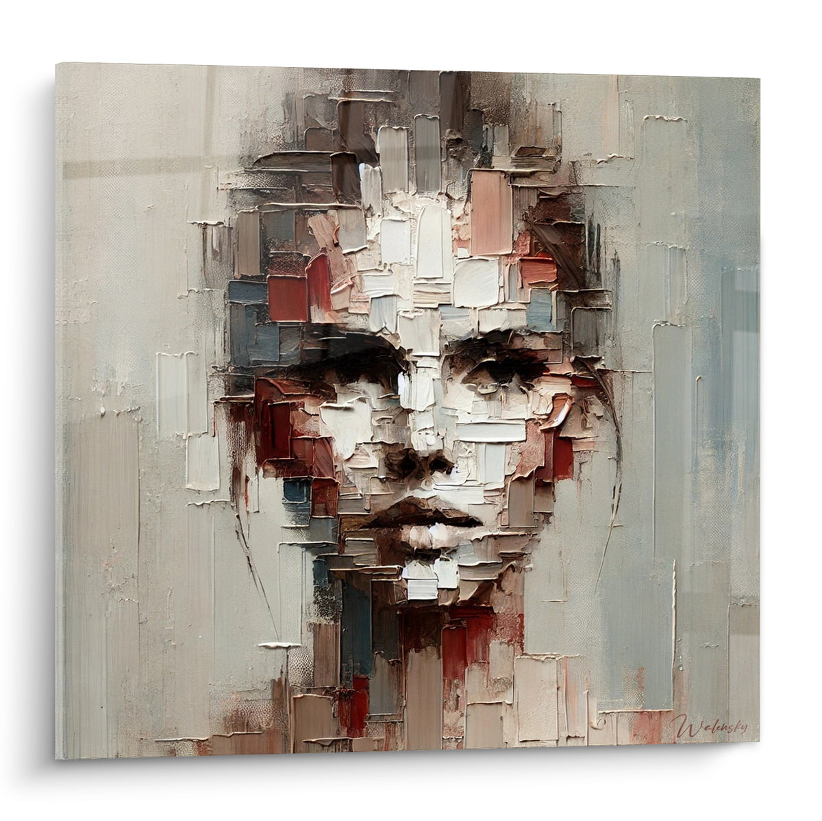 Visage abstrait aux fragments terracotta et anthracite, texture épaisse en relief sur fond gris clair