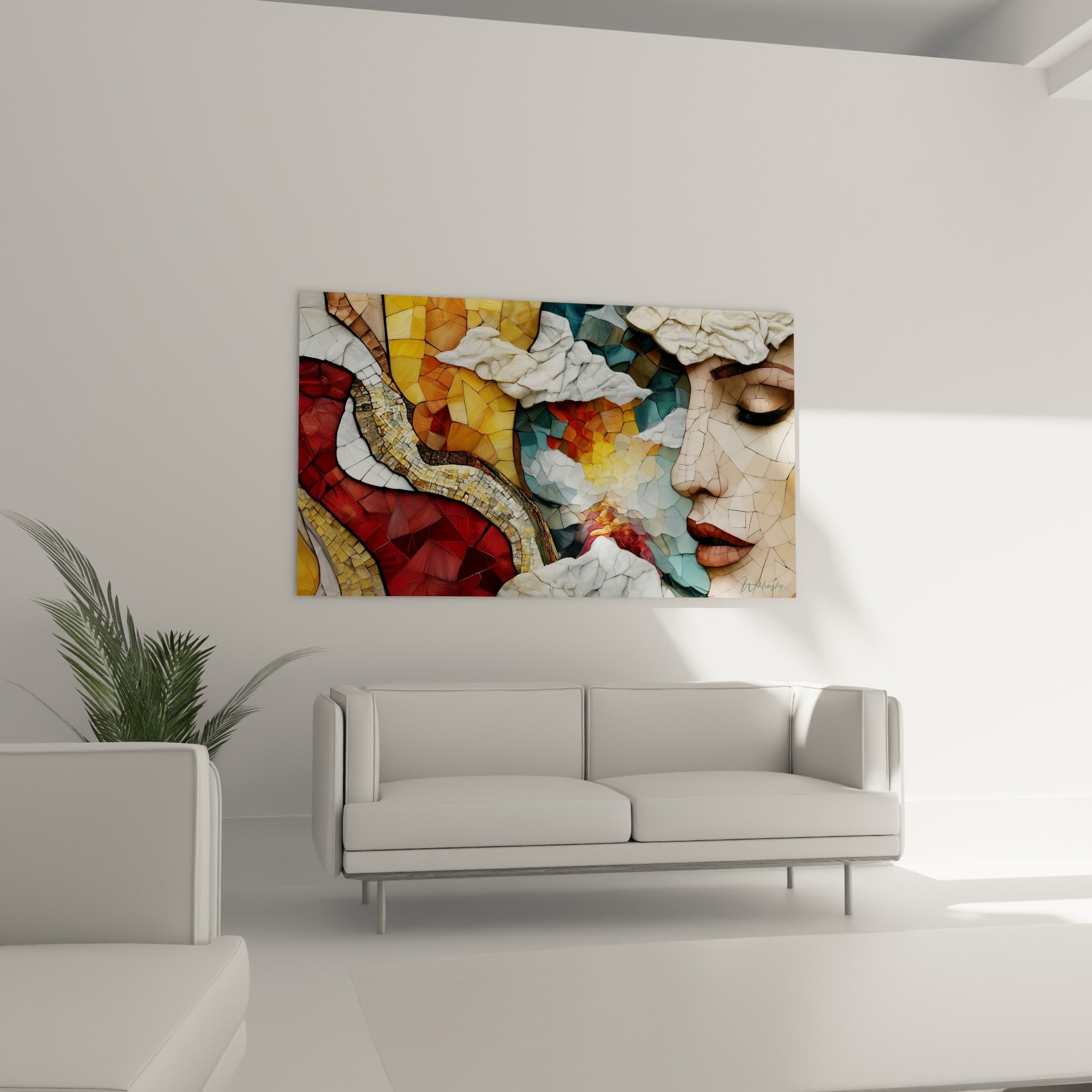 Mosaïque bleu pétrole et terracotta de ce visage abstrait, suspendue au-dessus d'un canapé dans un salon lumineux