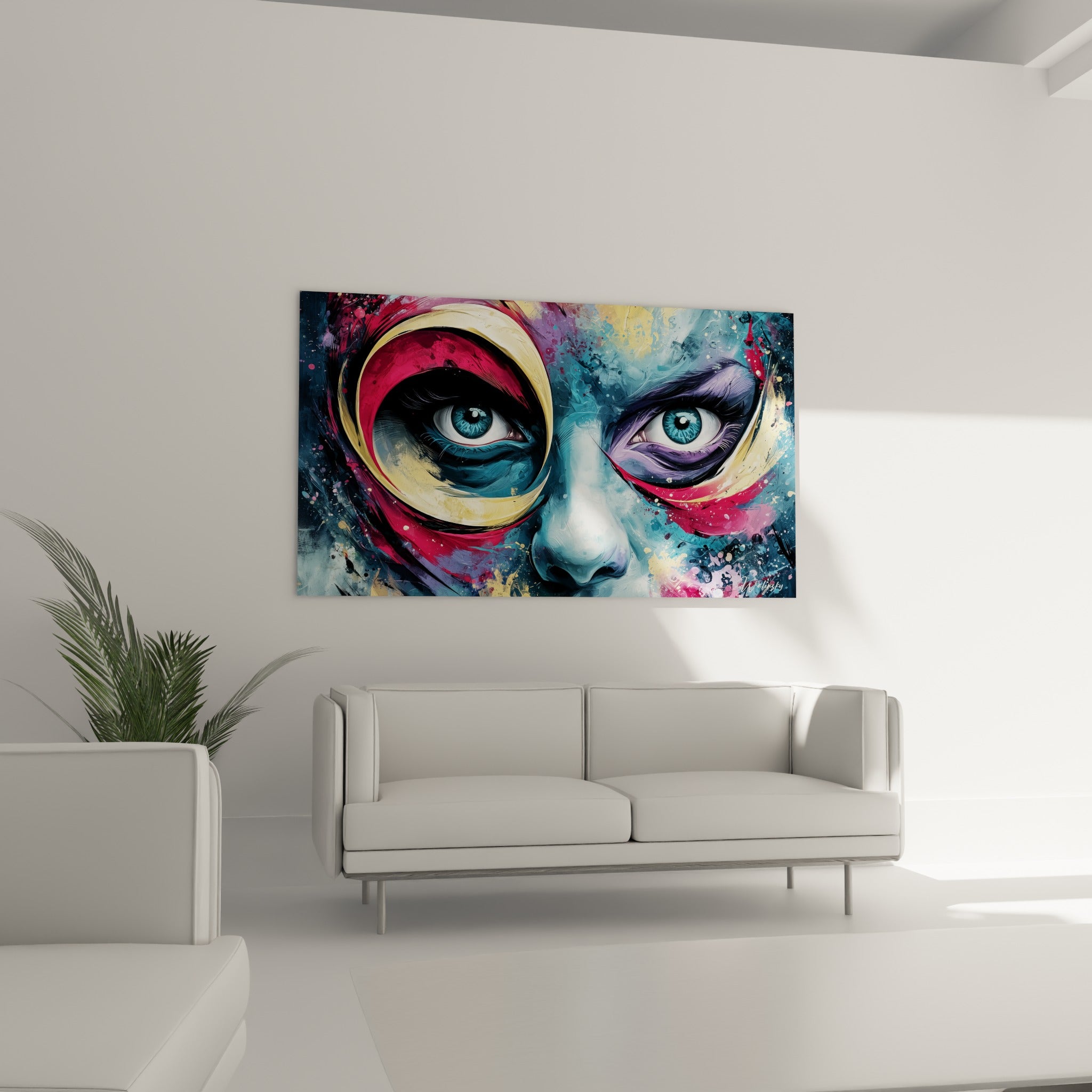 Portrait fragmenté aux tons anthracite et fuchsia, ce visage abstrait orne un salon lumineux au-dessus d'un canapé