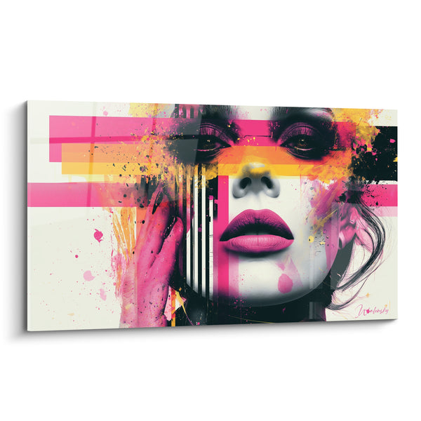 Tableau Visage rose et noir aux bandes fluorescentes - Mémoire fragmentée - Edition Visage abstrait