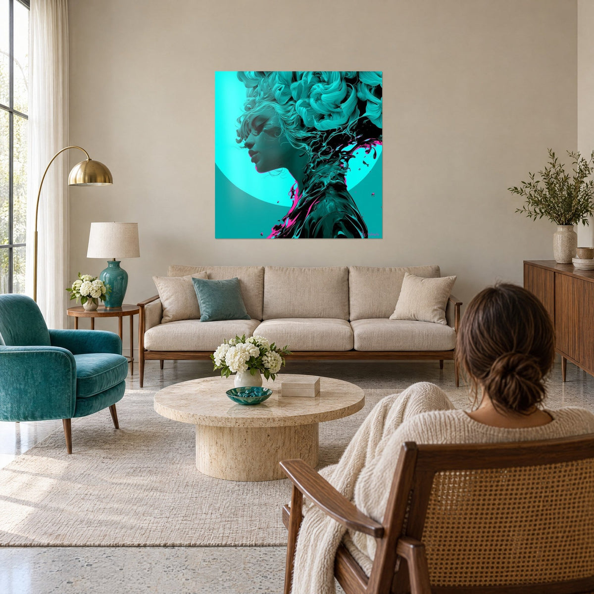 Gemälde weibliches Profil in Türkis mit wirbelnden Locken, cyanfarbener Mond und rosa Spritzer, über einem Sofa in einem hellen Wohnzimmer