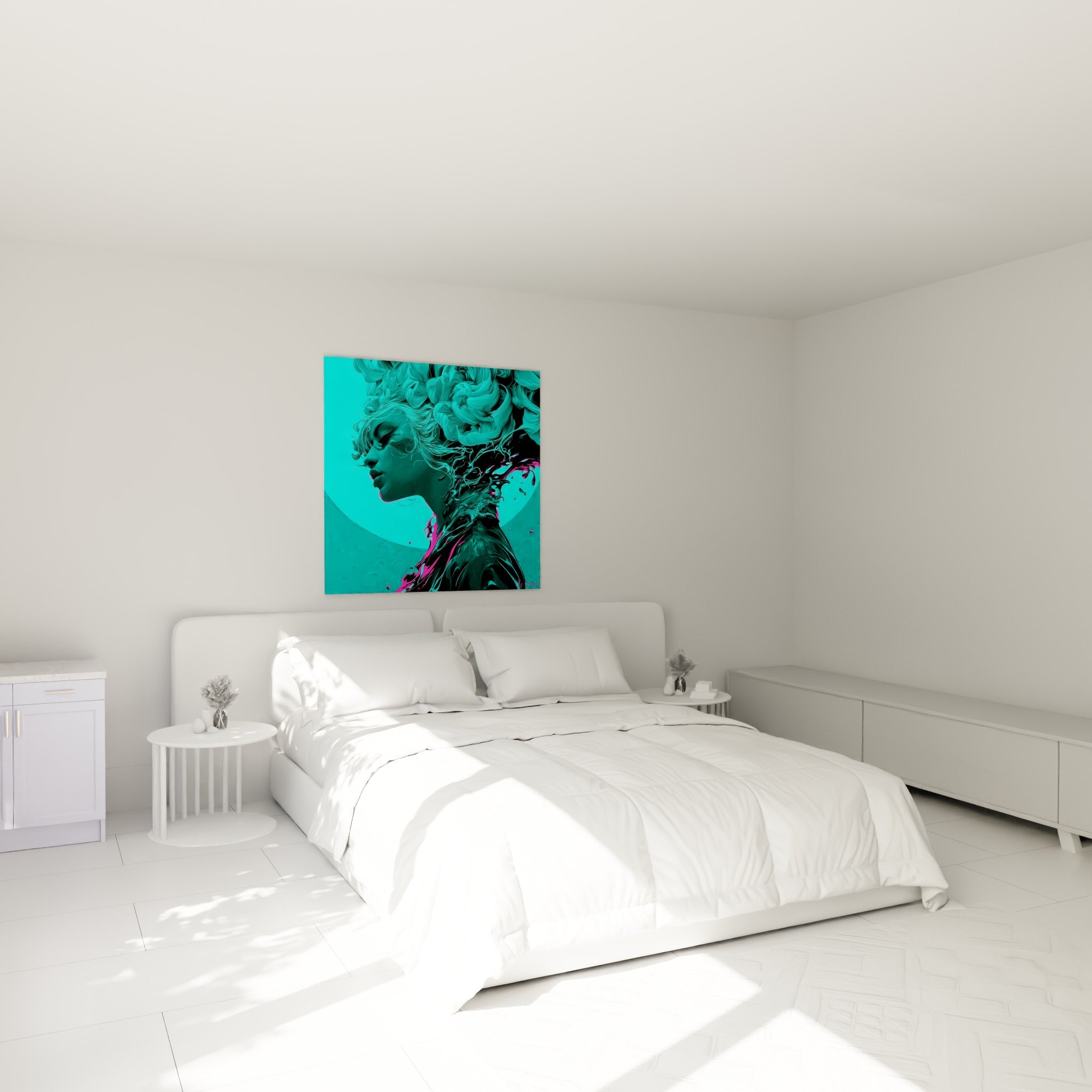 Portrait turquoise et fuchsia liquide, silhouette au repos accrochée au-dessus d'un lit dans une chambre claire