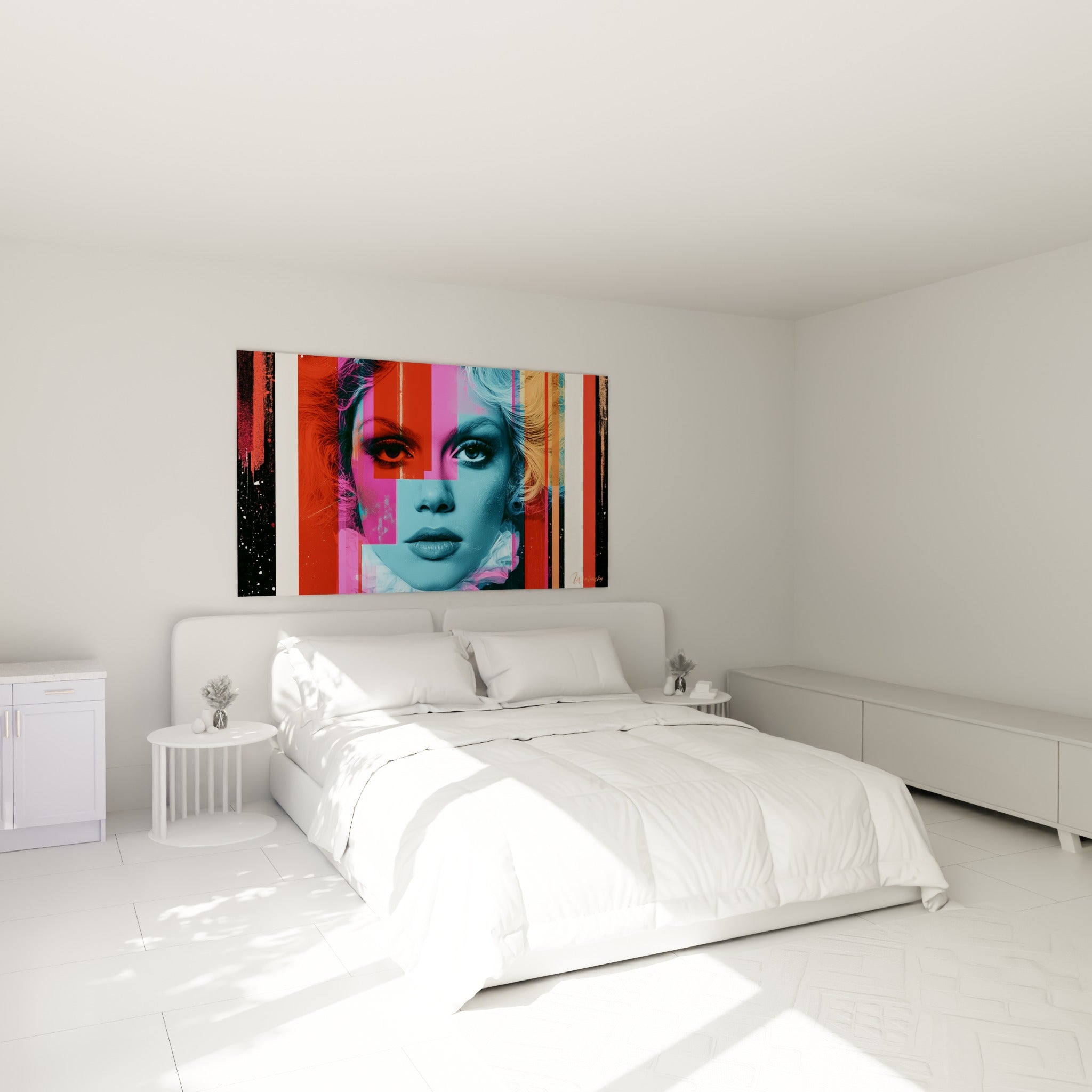 Portrait fragmenté rose et bleu du visage abstrait, accroché au-dessus d'un lit dans une chambre claire
