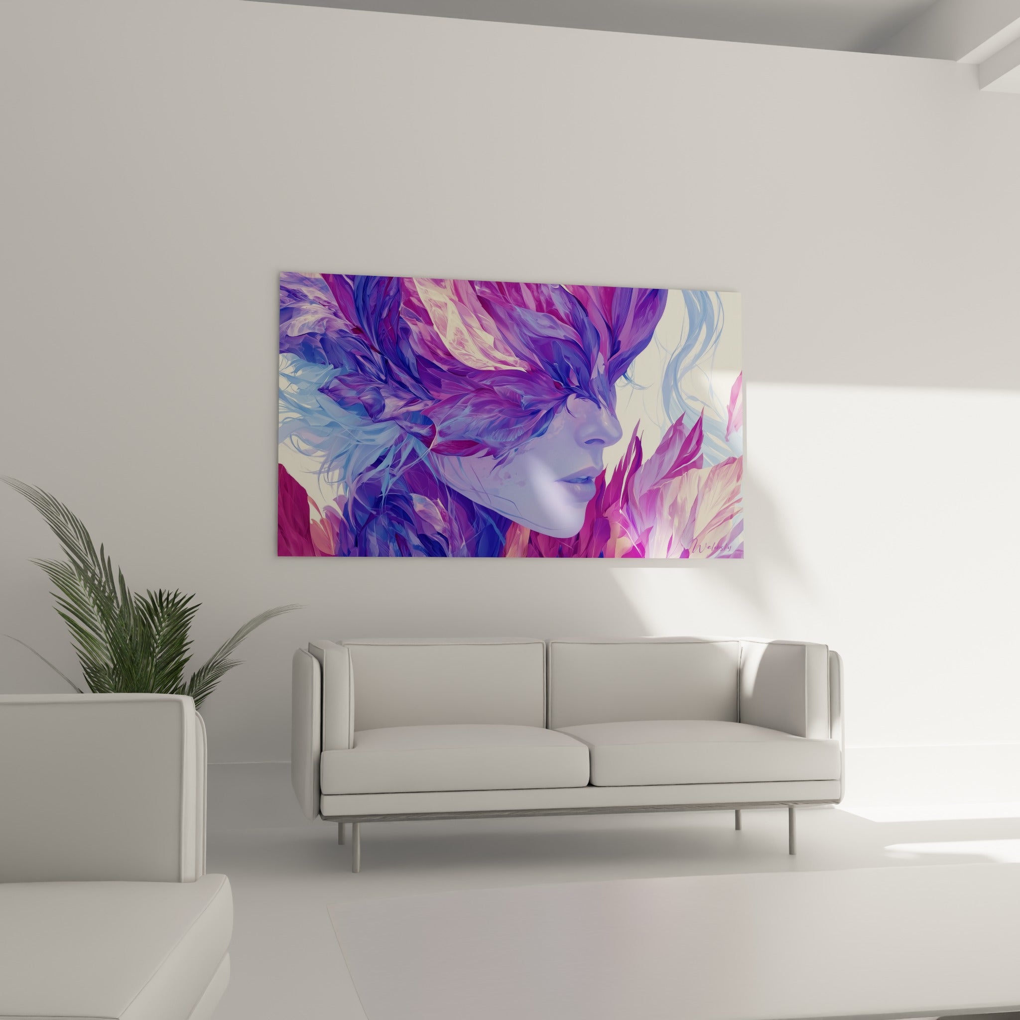 Visage abstrait fuchsia et lilas dissimulé sous des pétales peints, au-dessus d'un canapé dans un salon lumineux