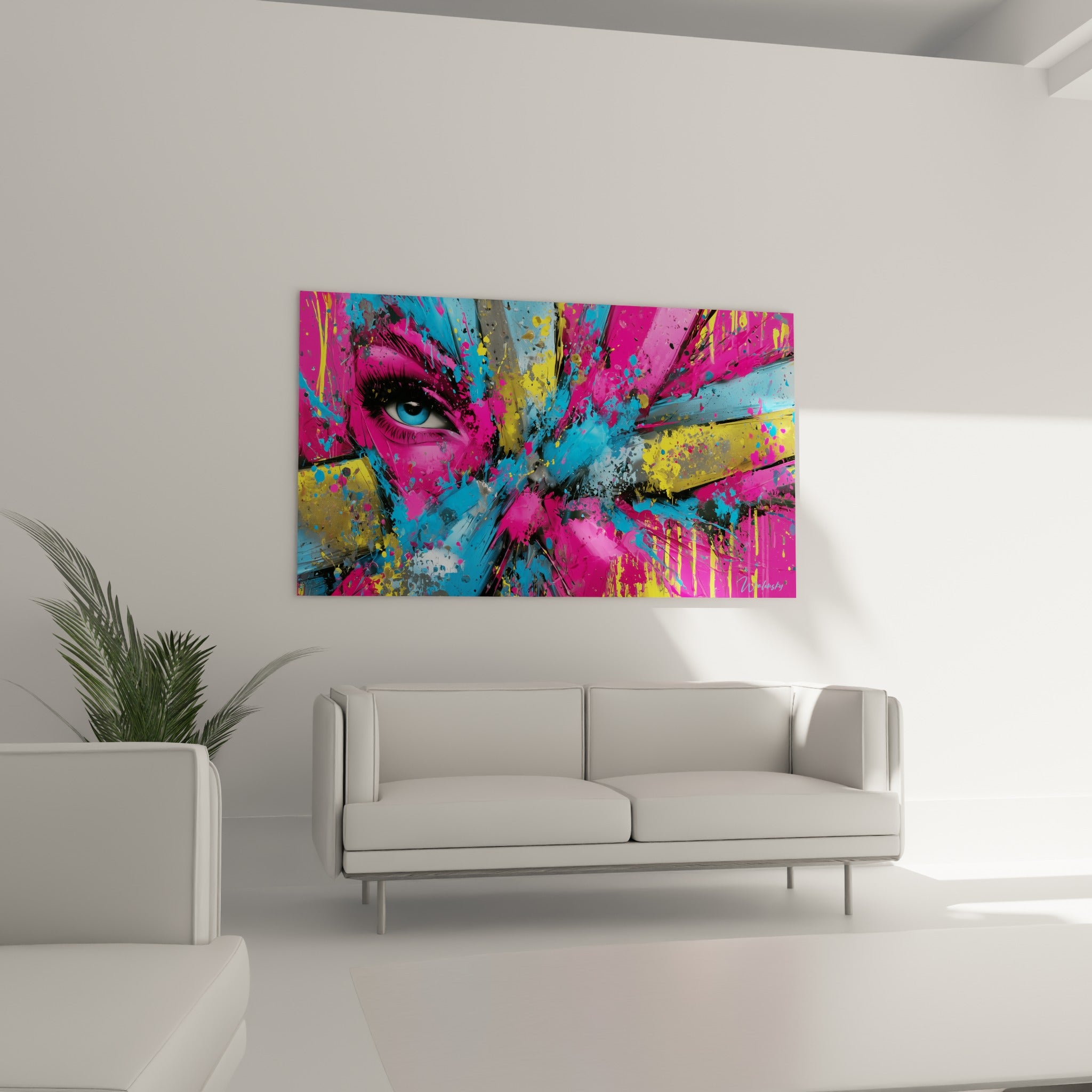 Visage abstrait aux éclats jaunes et fuchsia, regard bleu vif, suspendu au-dessus d'un canapé dans un salon lumineux