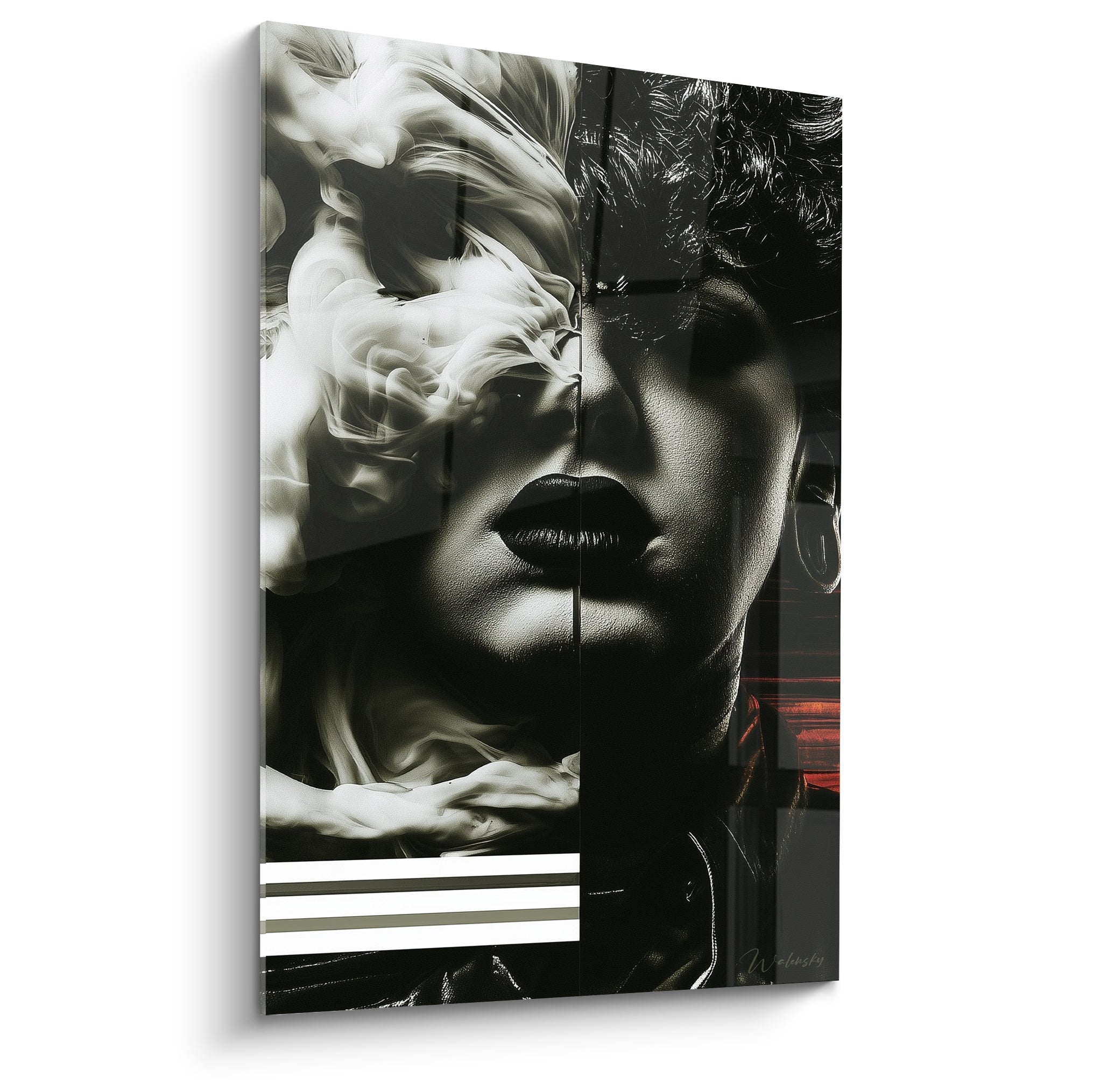 Visage abstrait aux lèvres noires et fumée blanche tourbillonnante sur fond anthracite contrasté