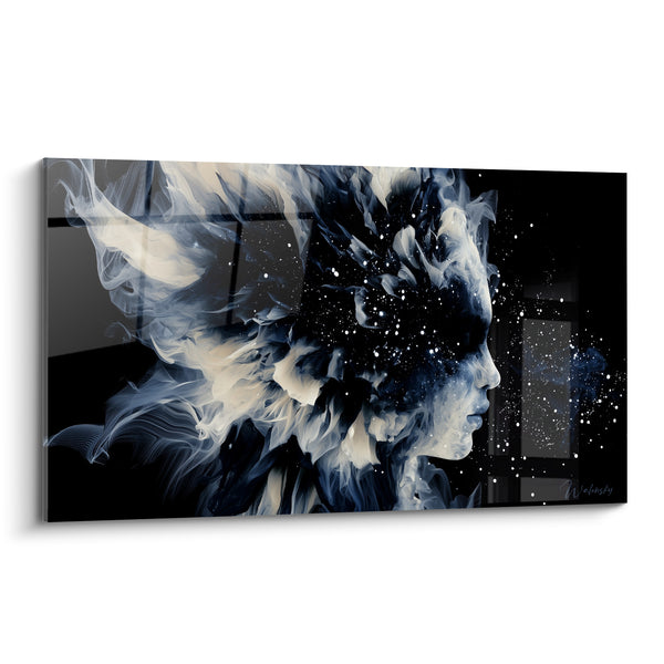 Tableau Visage de fumée bleu nuit et blanc étoilé - Souffle céleste - Edition Visage abstrait