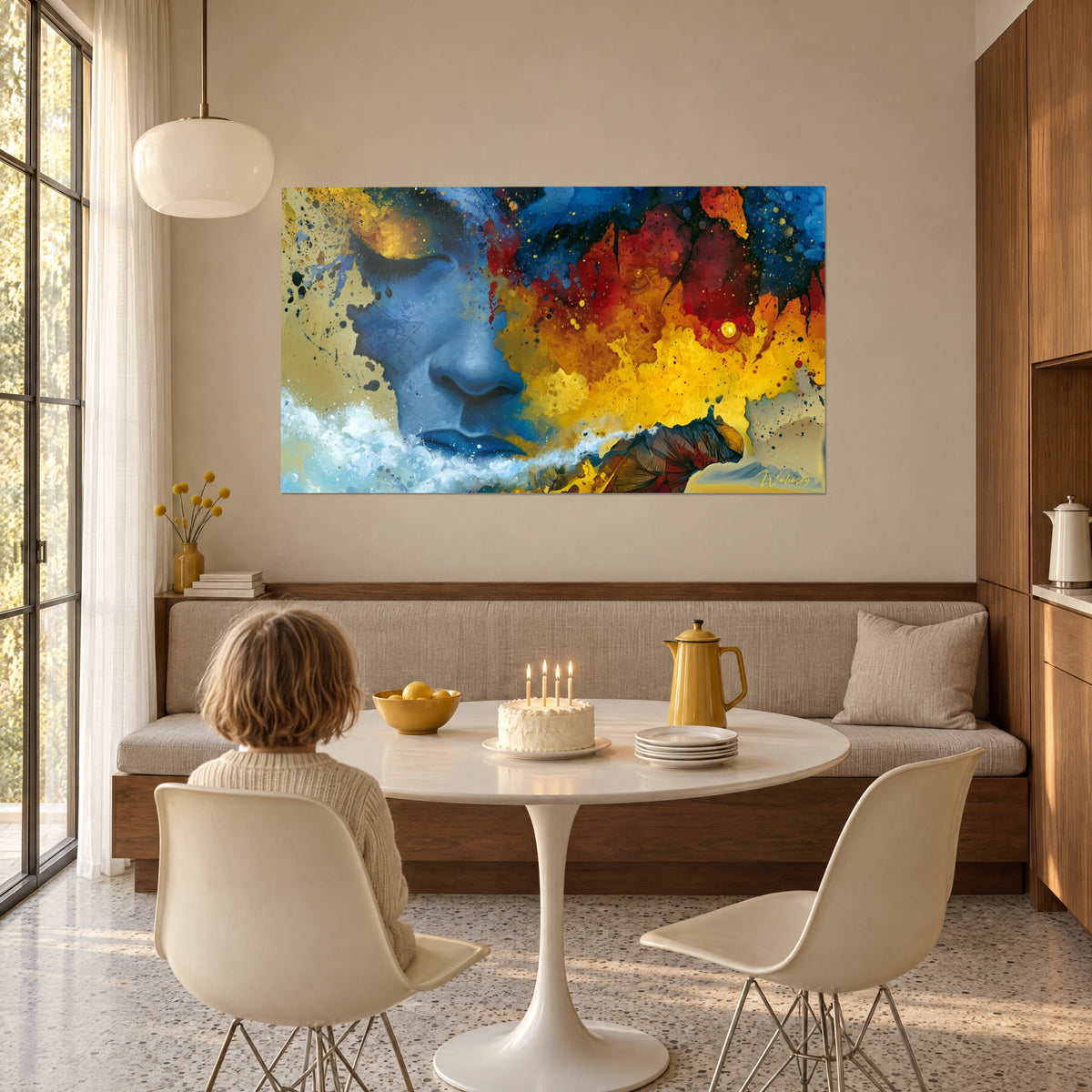 Wall art of a fantastical portrait, nose and lips in midnight blue, white foam and an orange-yellow explosion, viewed by a little girl seated at a table in front of a cake
