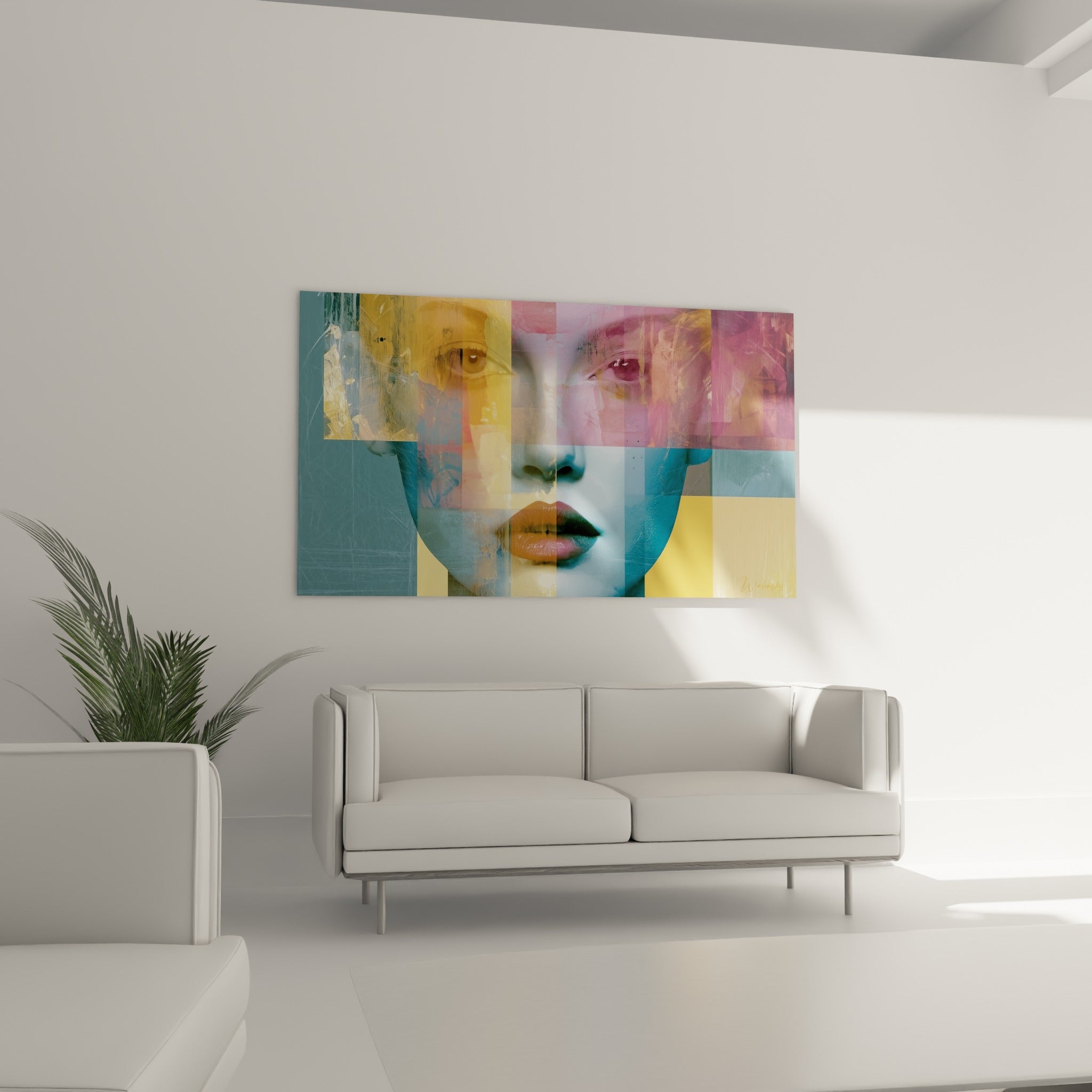 Visage géométrique aux tons ocre et bleu grisé, yeux bruns perçants, suspendu au-dessus d'un canapé dans un salon lumineux