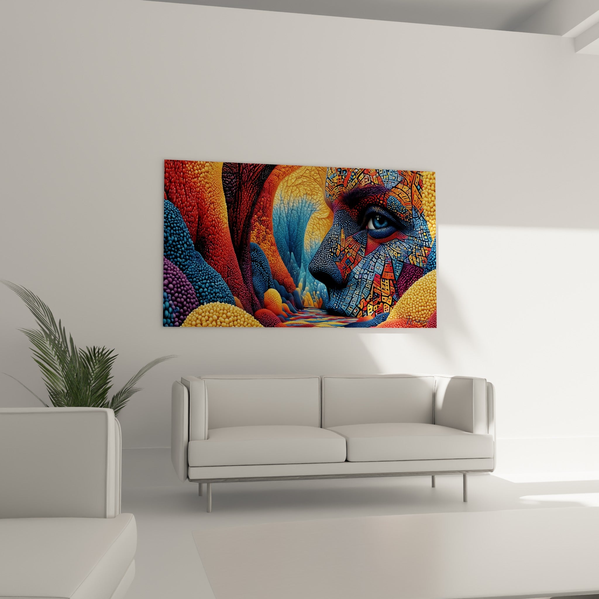 Motifs géométriques violet et terracotta du visage abstrait, suspendus au-dessus d'un canapé dans un salon lumineux