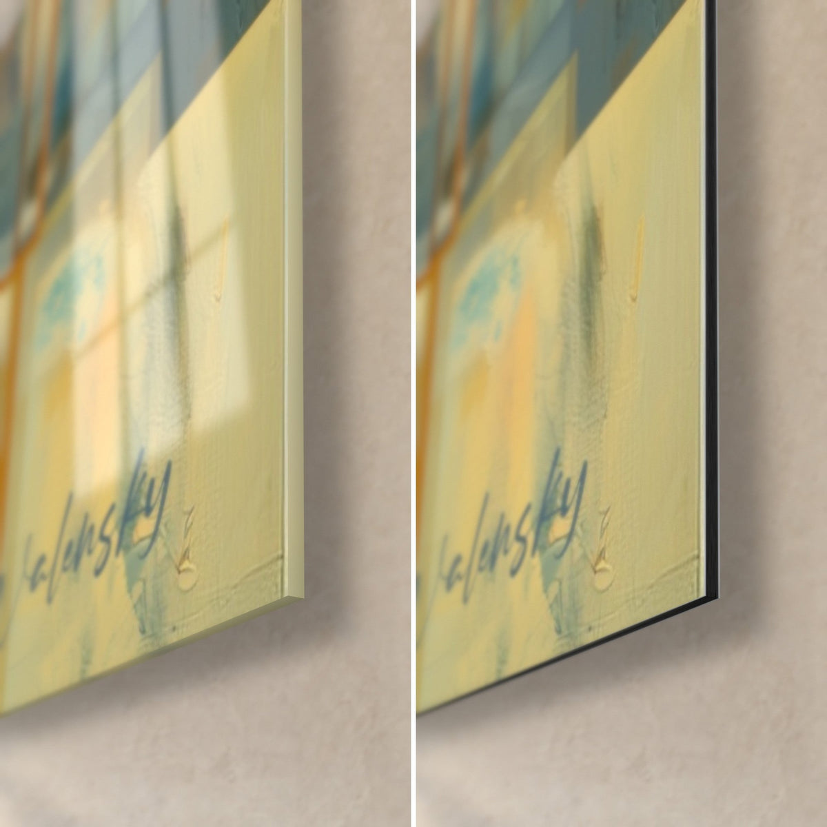 Cuadro de un rostro abstracto en azul y naranja, esquina inferior derecha: firma Walensky amarillo pálido, cristal brillante a la izquierda, Dibond mate a la derecha